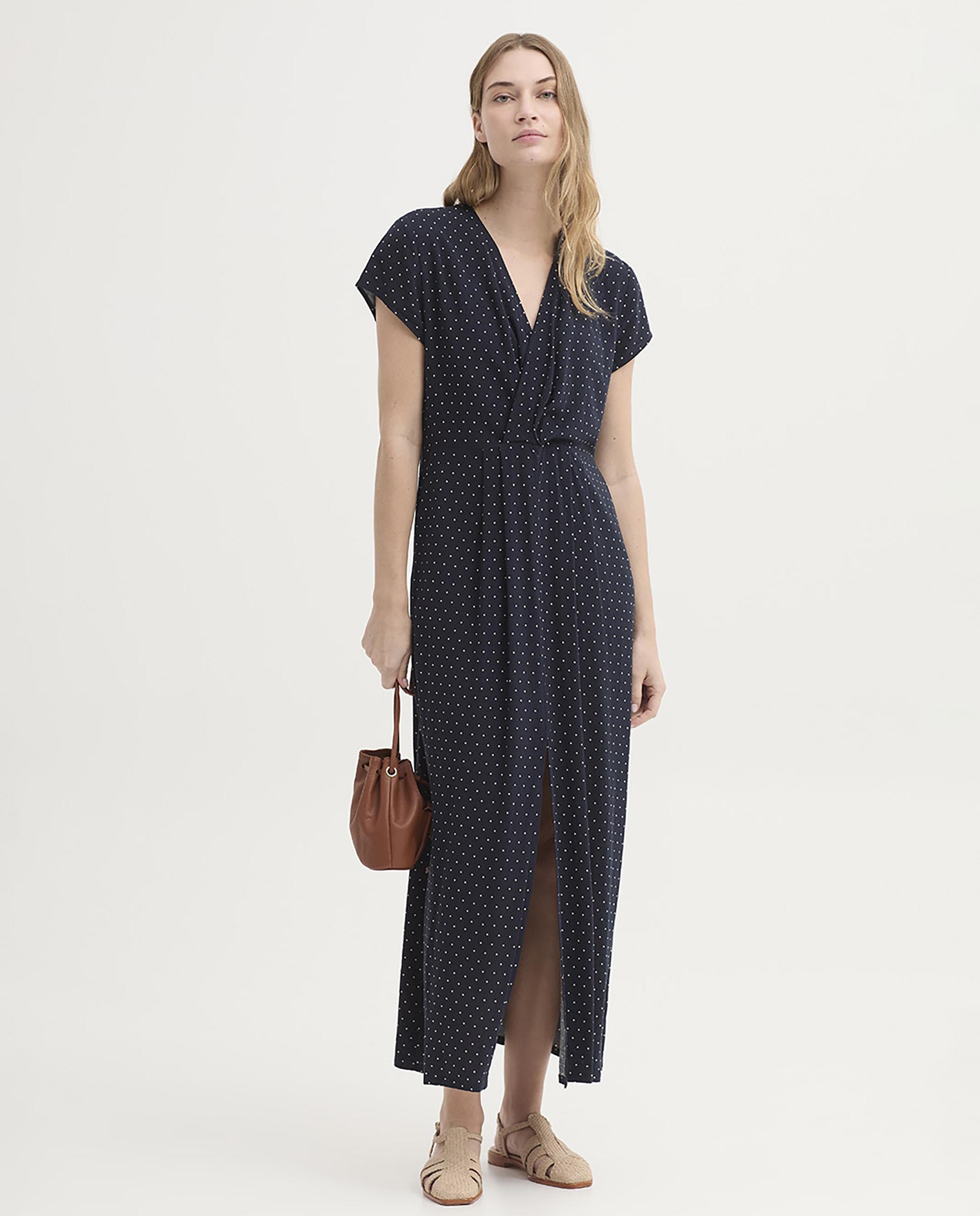 Vestido largo con lunares y escote de pico - Nice Things - Azul marino Azul marino-5