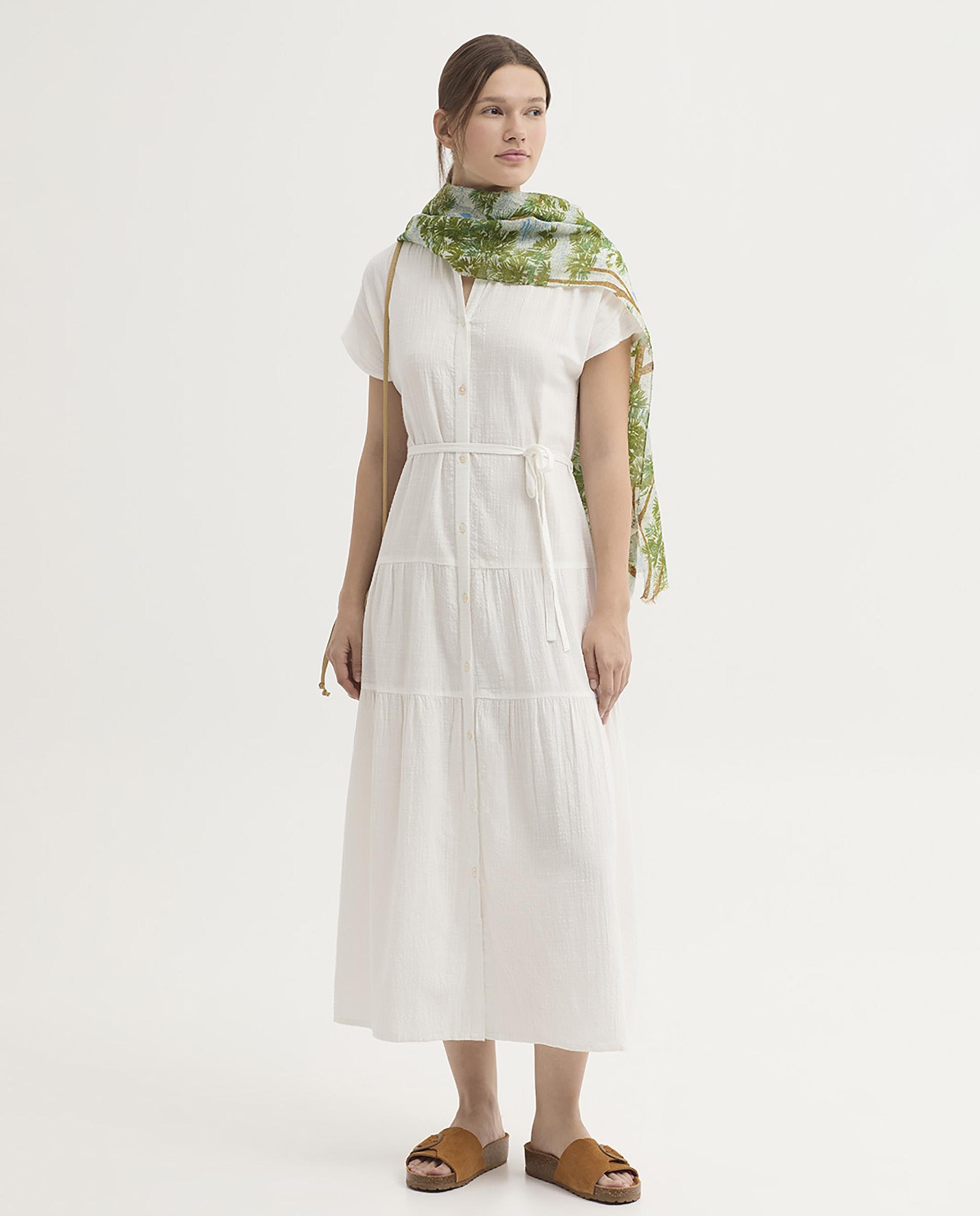 Vestido largo con volantes y cuello camisero - Nice Things - Blanco Blanco-1