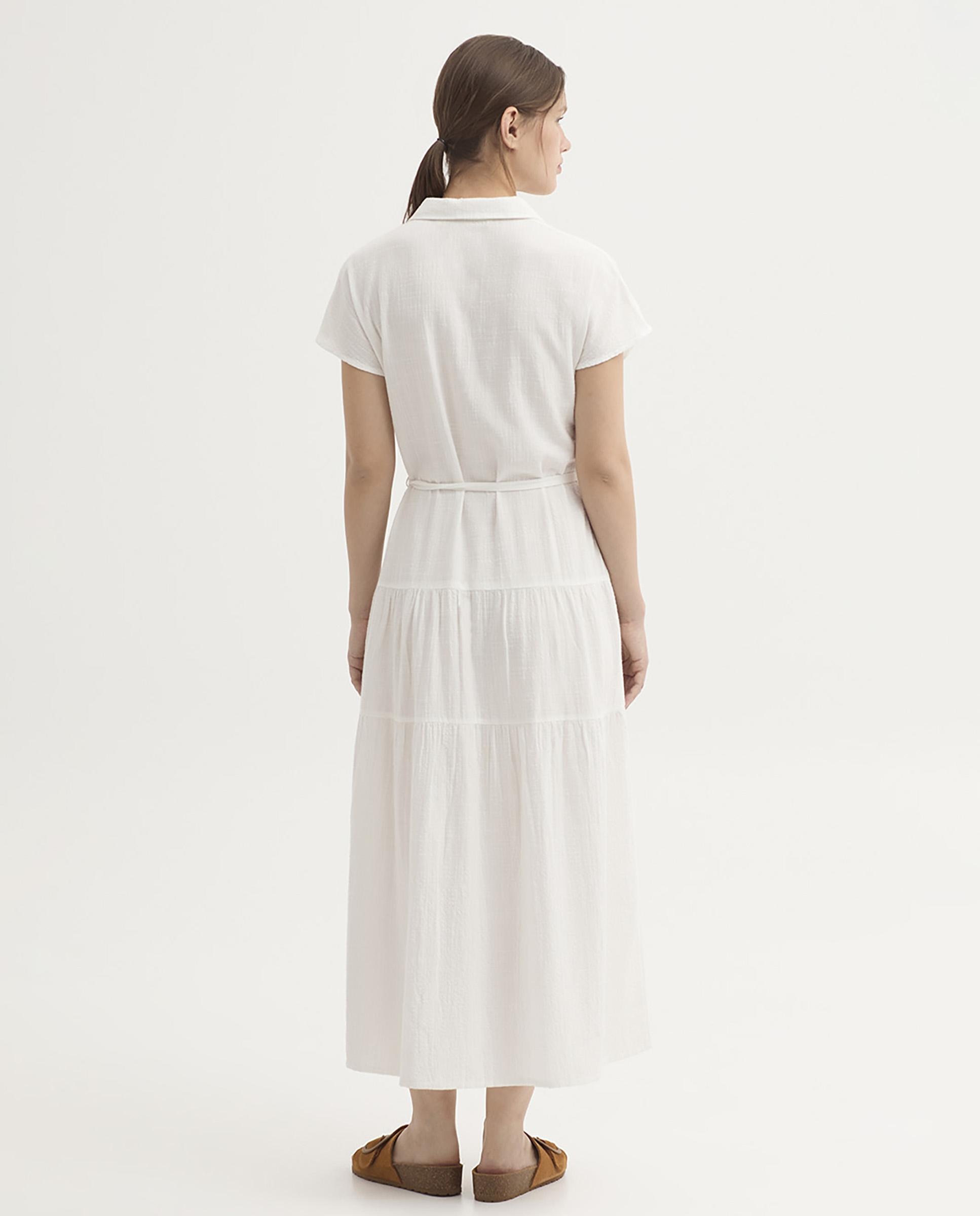 Vestido largo con volantes y cuello camisero - Nice Things - Blanco Blanco-2