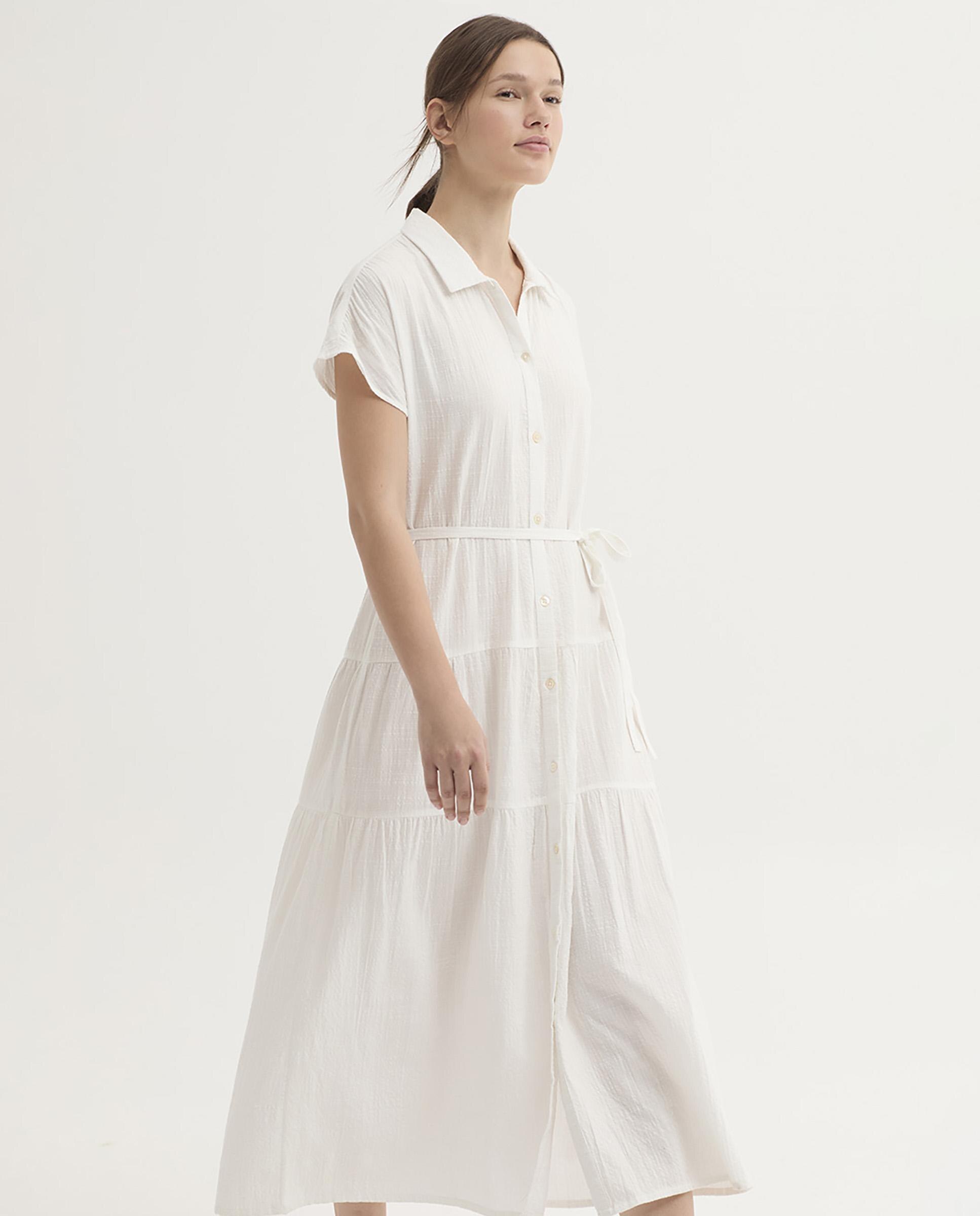 Vestido largo con volantes y cuello camisero - Nice Things - Blanco Blanco-5