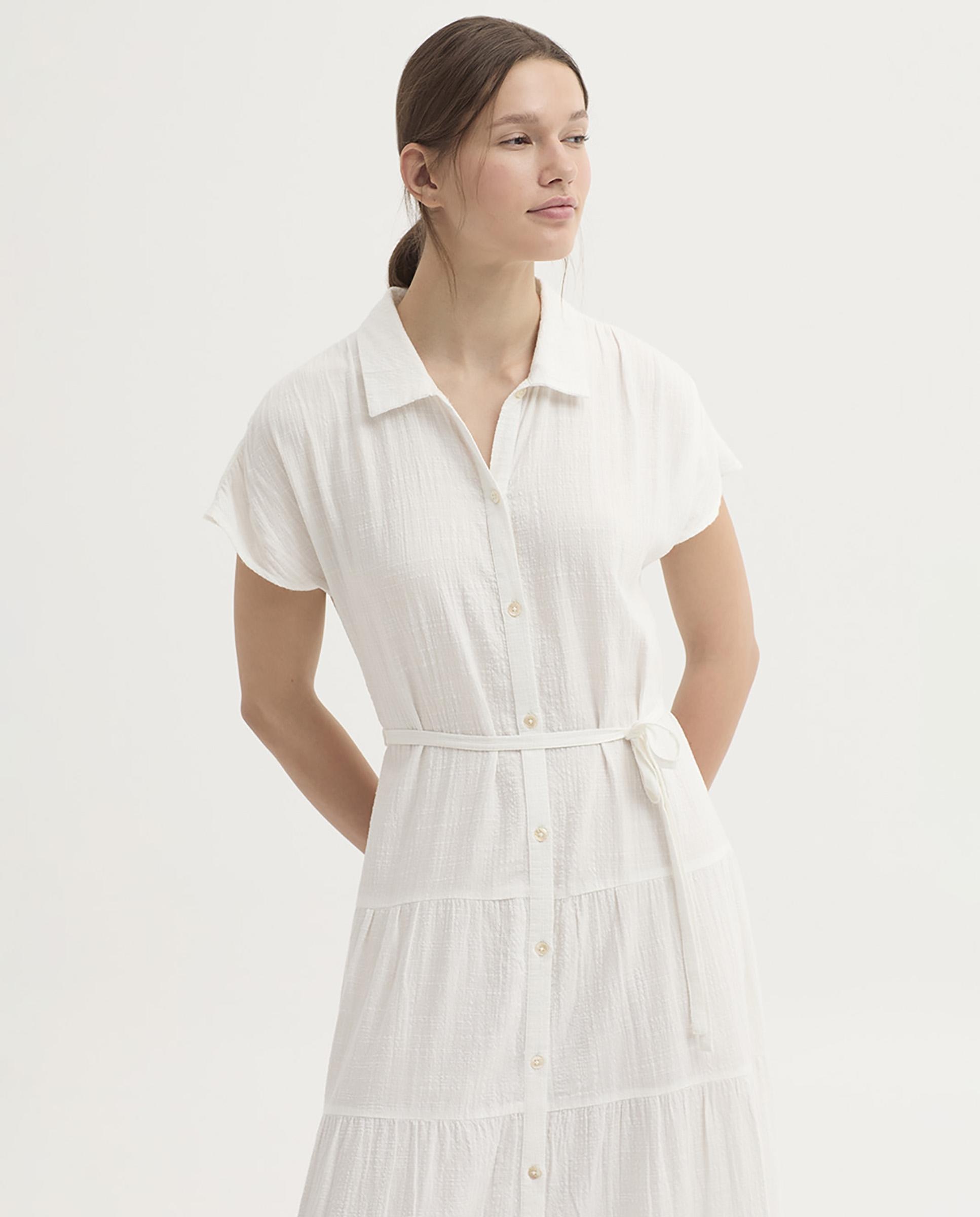 Vestido largo con volantes y cuello camisero - Nice Things - Blanco Blanco-6