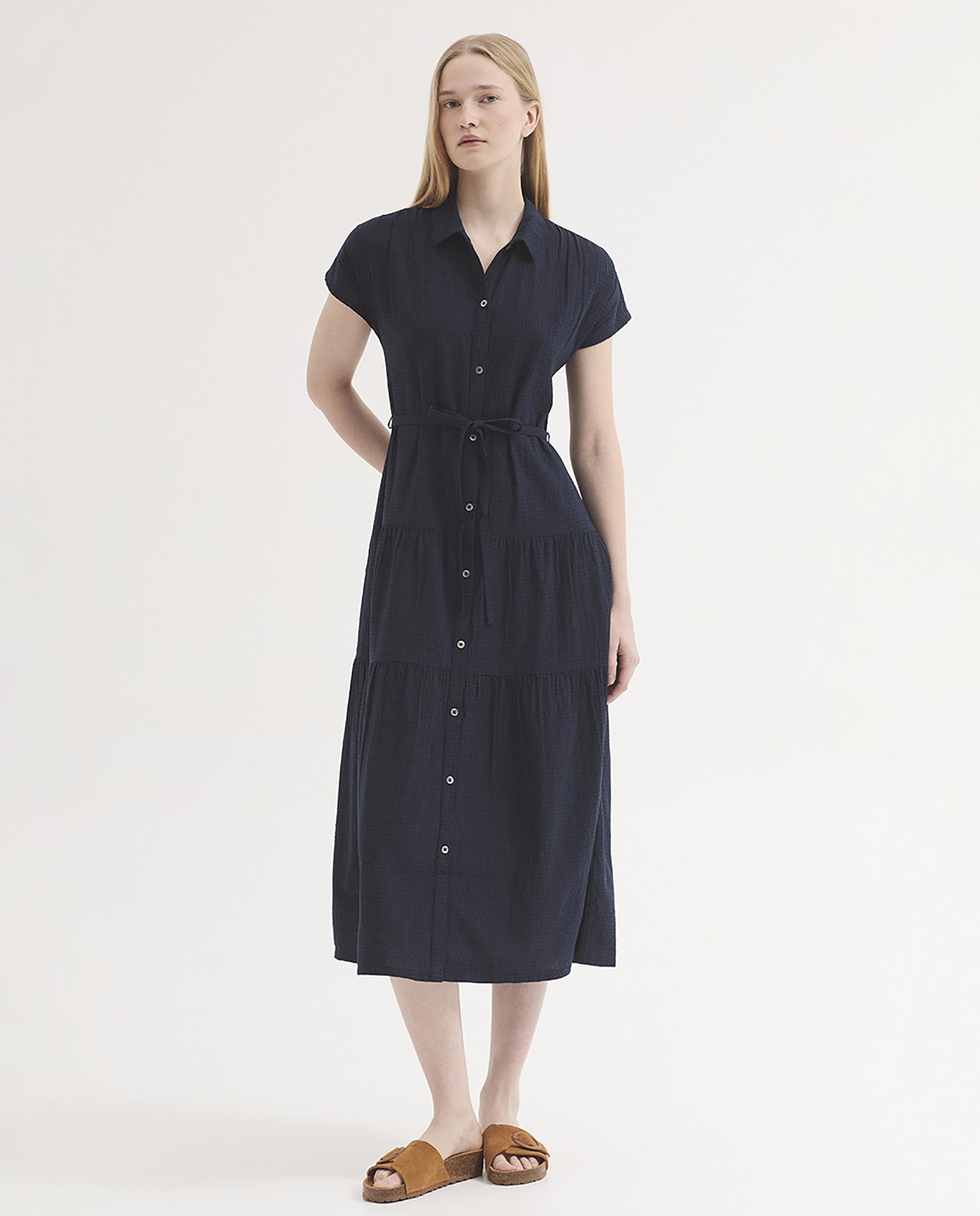 Vestido midi estilo camisero con textura - Nice Things - Azul marino Azul marino-1