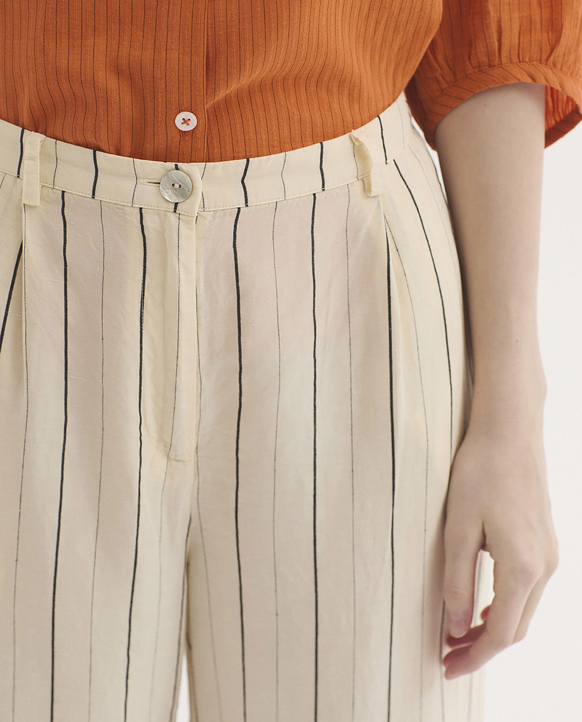 Pantalones rectos de mujer con pinzas de rayas - Nice Things - Crudo Crudo-2