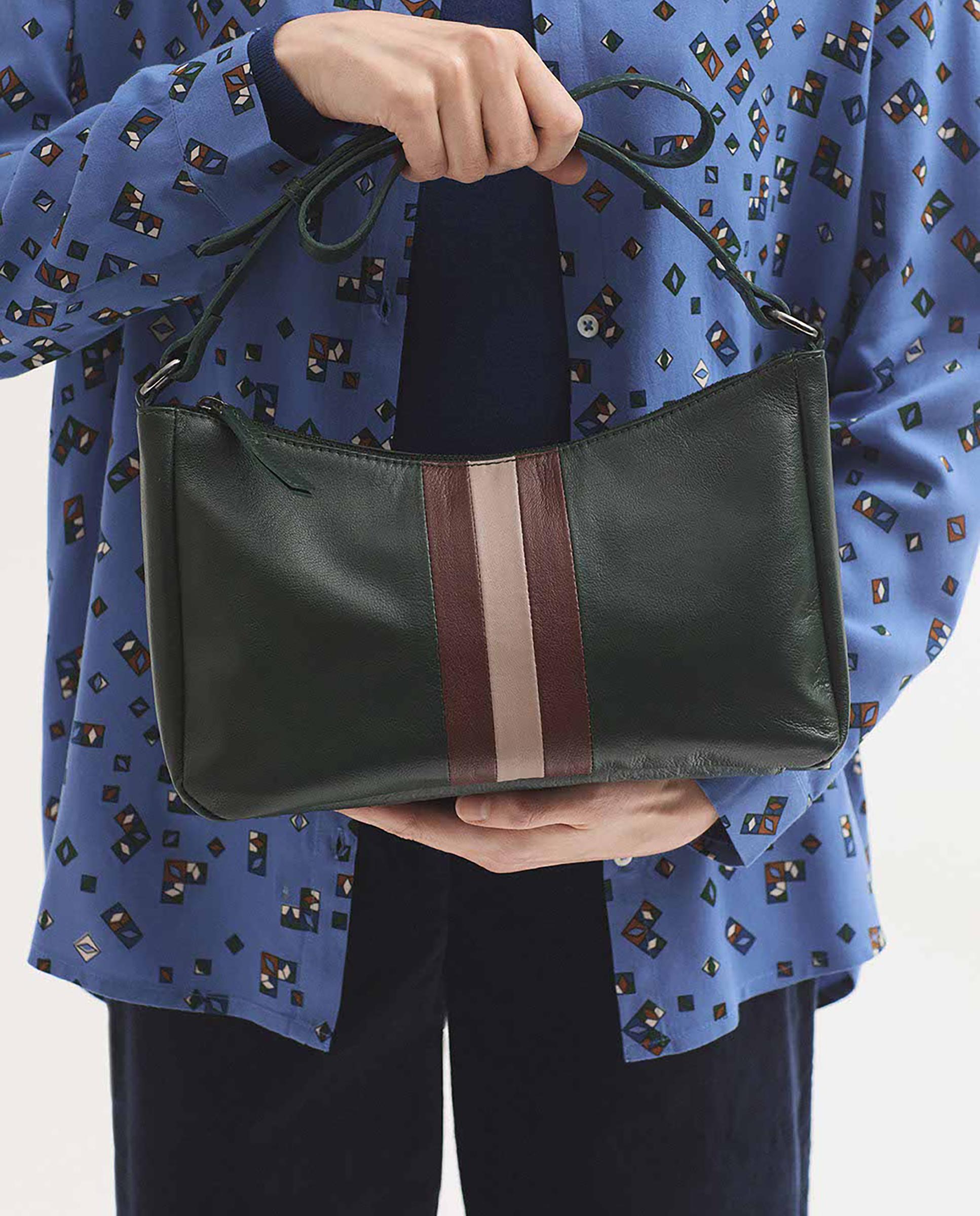 Bolso de hombro 100% piel con rayas y asa regulable - Nice Things - Verde Verde-2