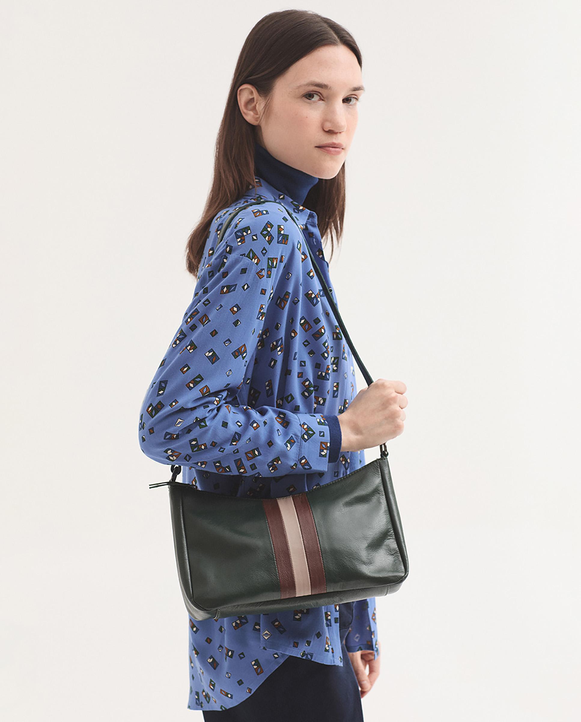 Bolso de hombro 100% piel con rayas y asa regulable - Nice Things - Verde Verde-3