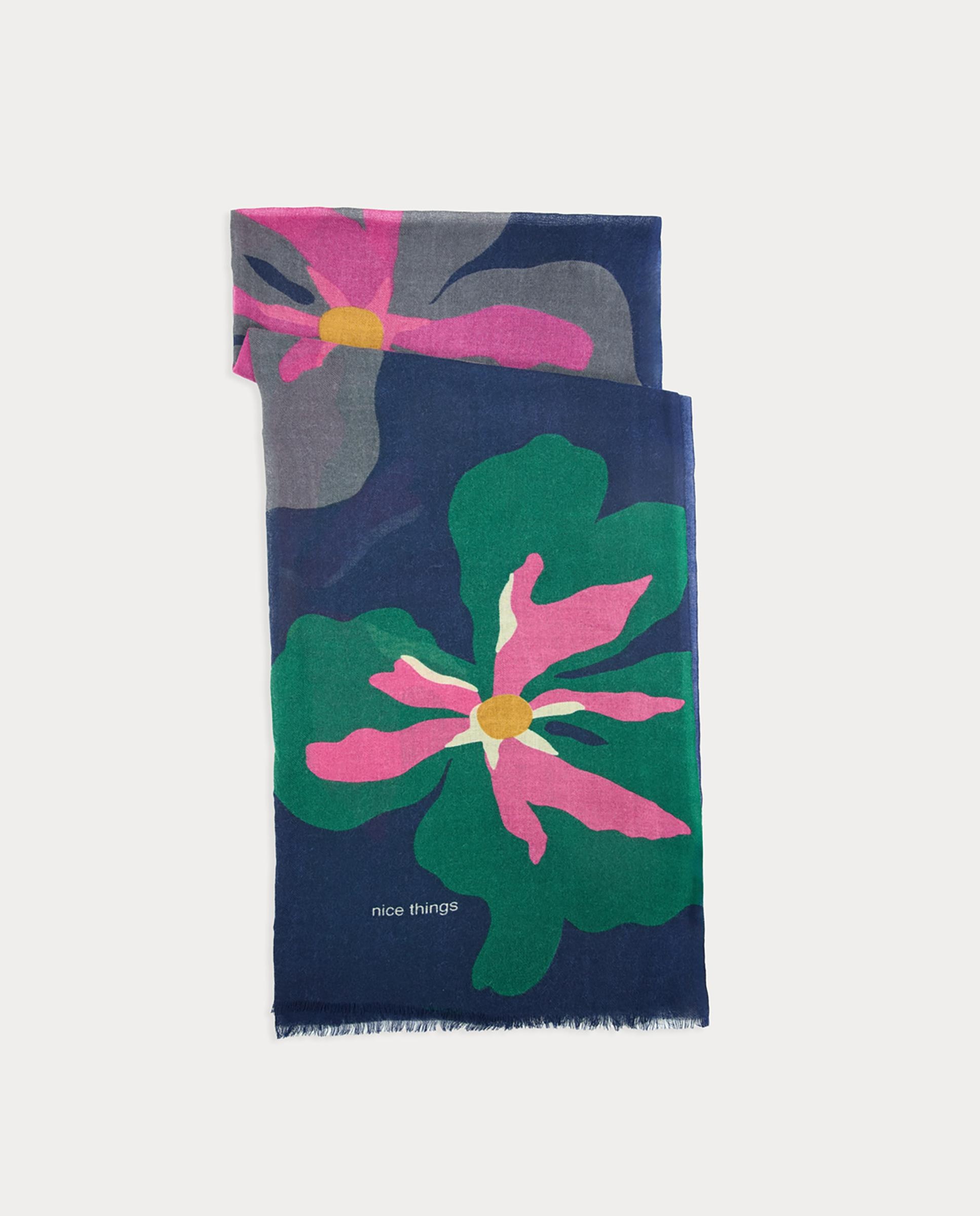Imagen 0 de Fular de mujer 100% lana con estampado de flores llamativas Azul marino