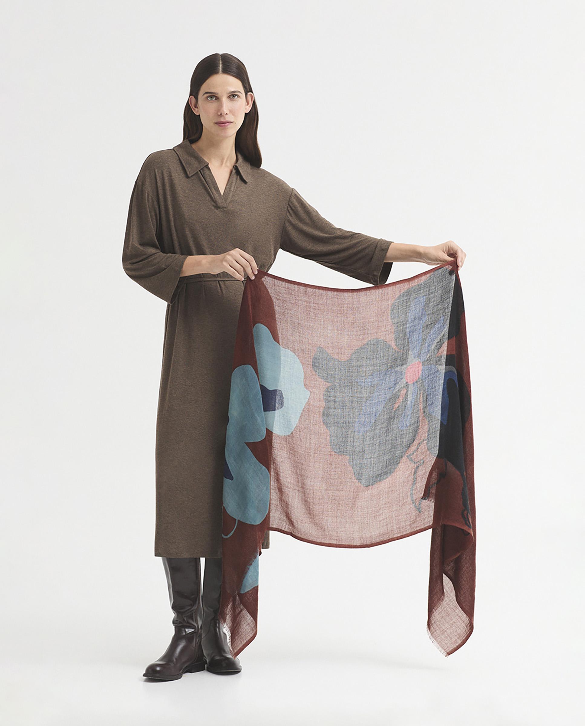 Fular de mujer 100% lana con estampado de flores llamativas - Nice Things - Marrón Marrón-2