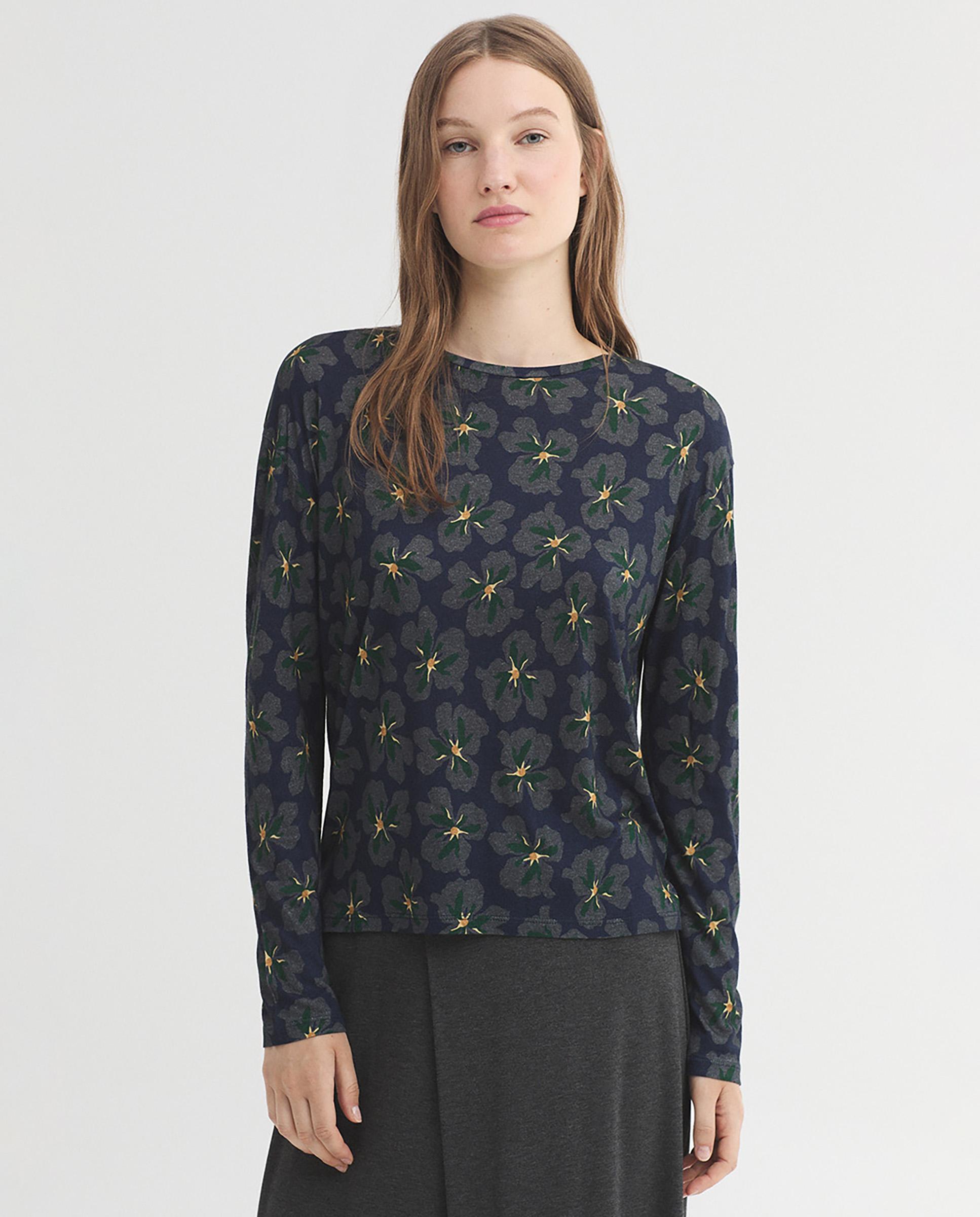 Camiseta de mujer con estampado de flores y cuello redondo - Nice Things - Azul marino Azul marino-1