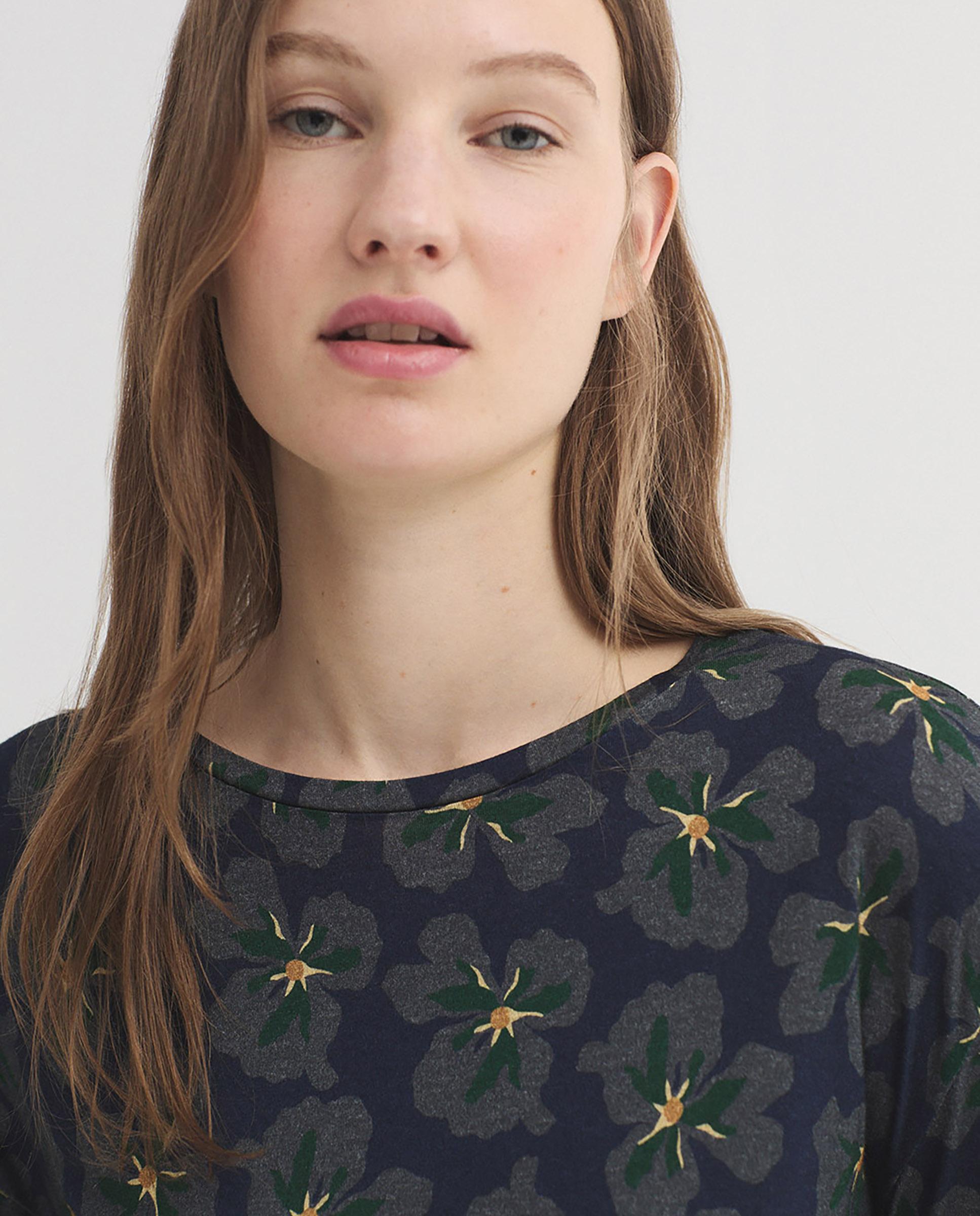 Camiseta de mujer con estampado de flores y cuello redondo - Nice Things - Azul marino Azul marino-2