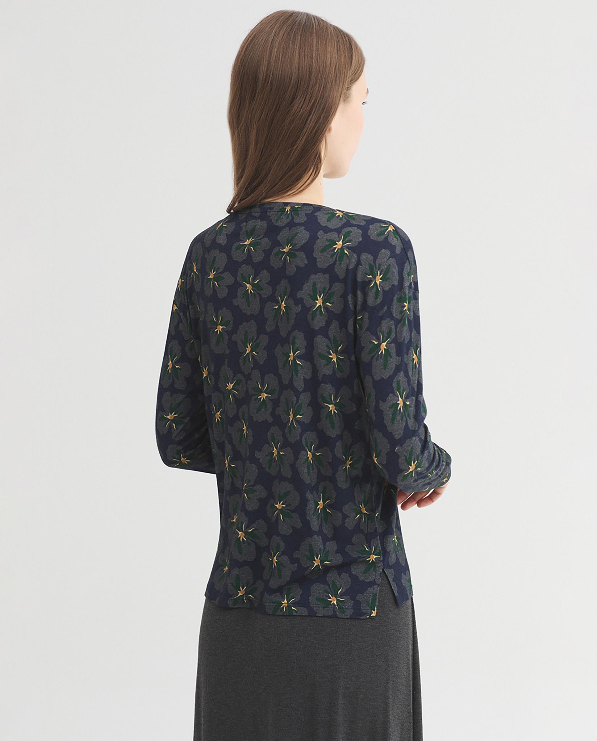 Camiseta de mujer con estampado de flores y cuello redondo - Nice Things - Azul marino Azul marino-4