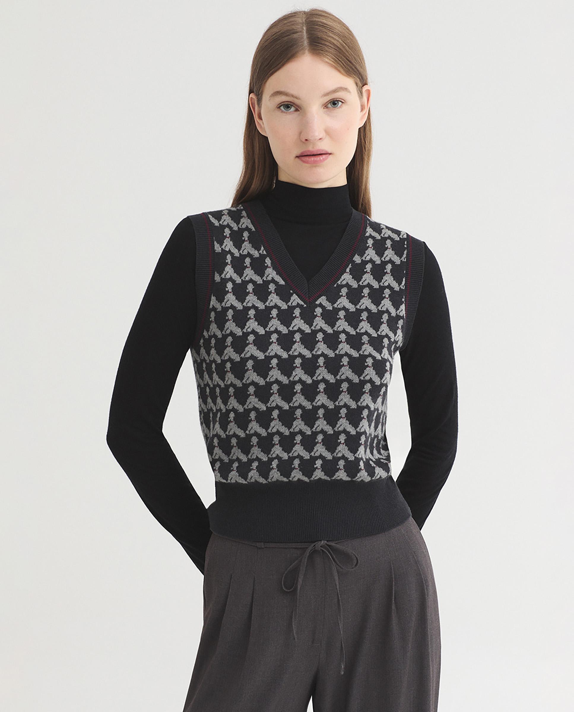 Chaleco de mujer con jacquard y cuello de pico - Nice Things - Gris Gris-1