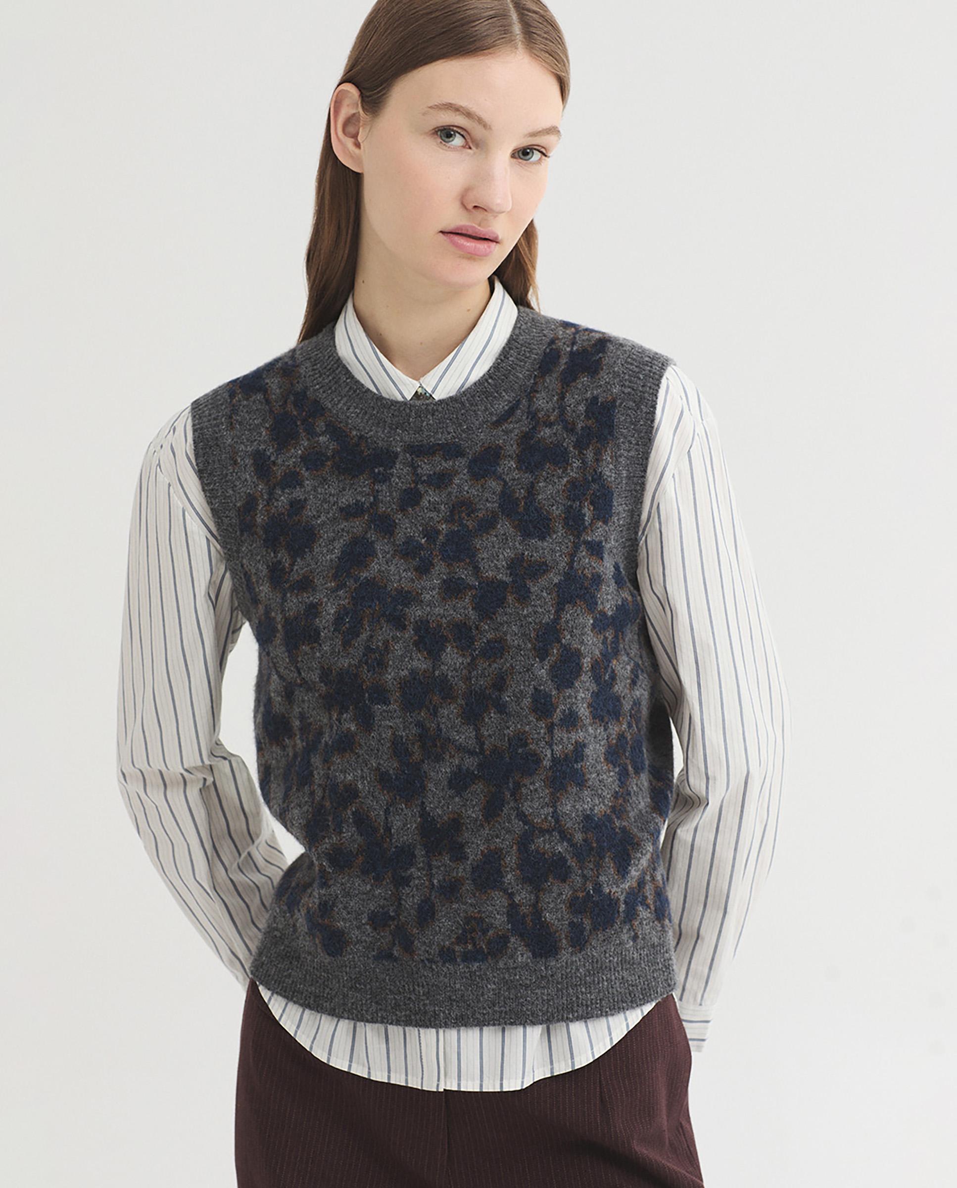 Chaleco de mujer con jacquard de flores y cuello redondo - Nice Things - Gris Gris-1
