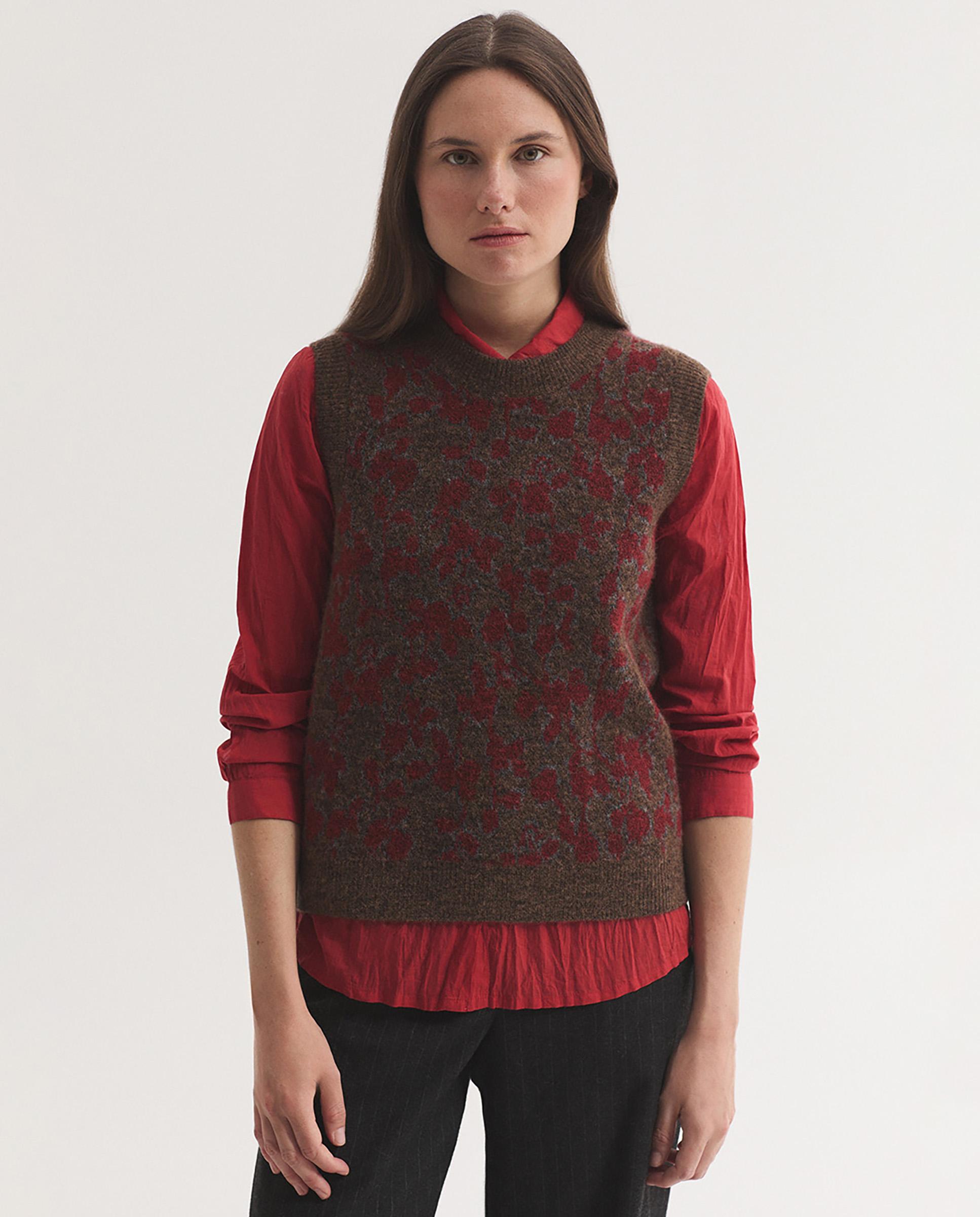 Chaleco de mujer con jacquard de flores y cuello redondo - Nice Things - Marrón Marrón-1