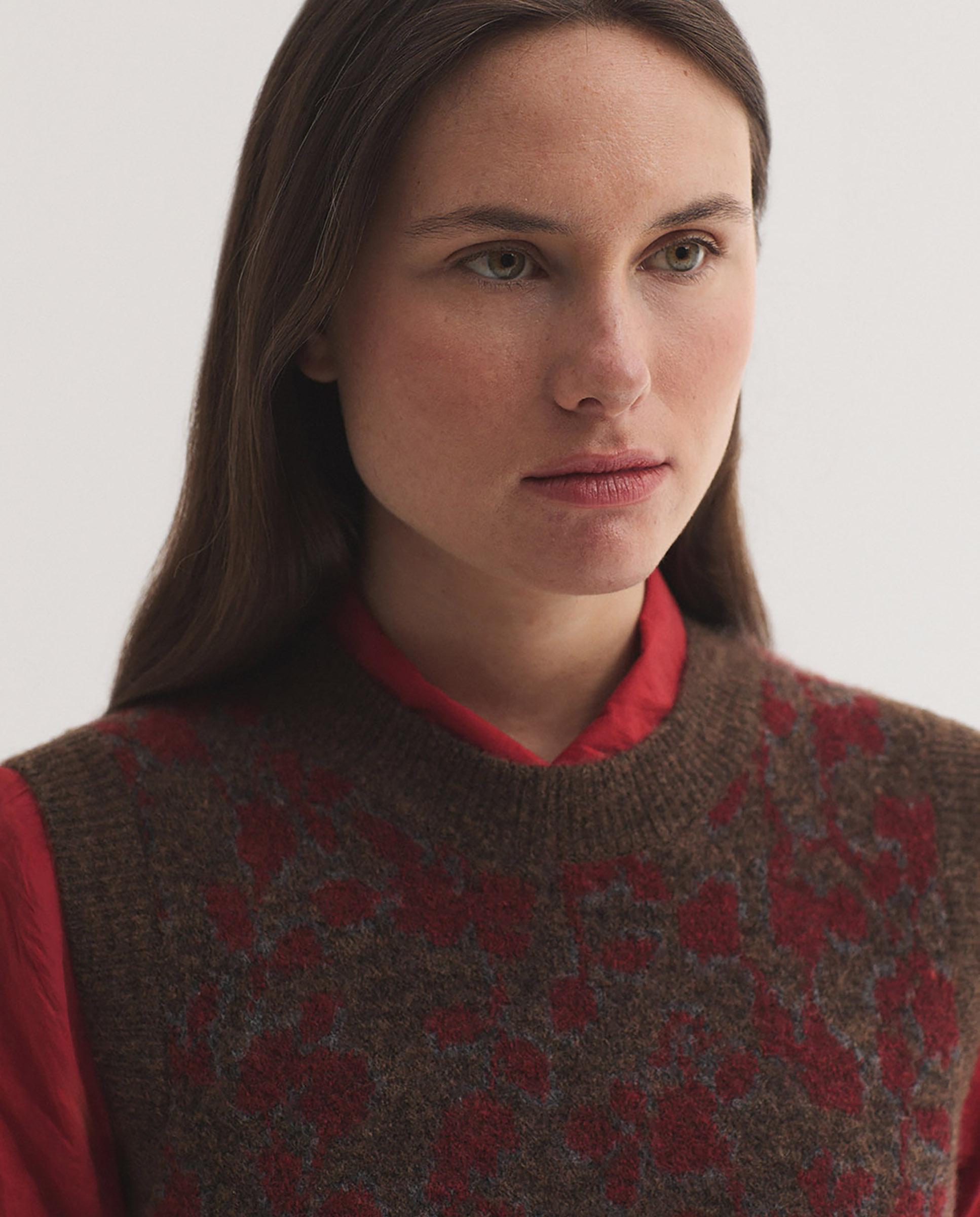 Chaleco de mujer con jacquard de flores y cuello redondo - Nice Things - Marrón Marrón-2