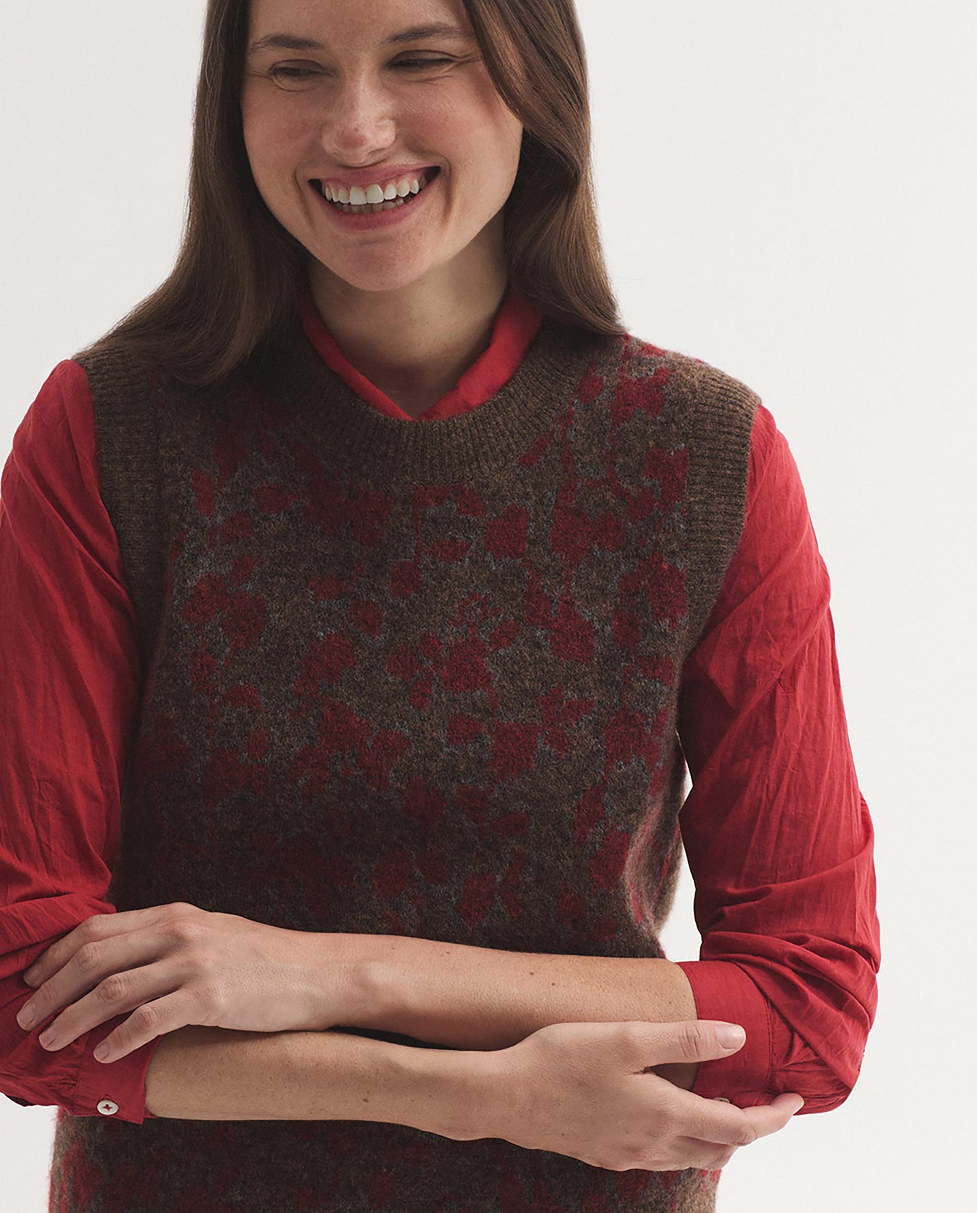 Chaleco de mujer con jacquard de flores y cuello redondo - Nice Things - Marrón Marrón-5