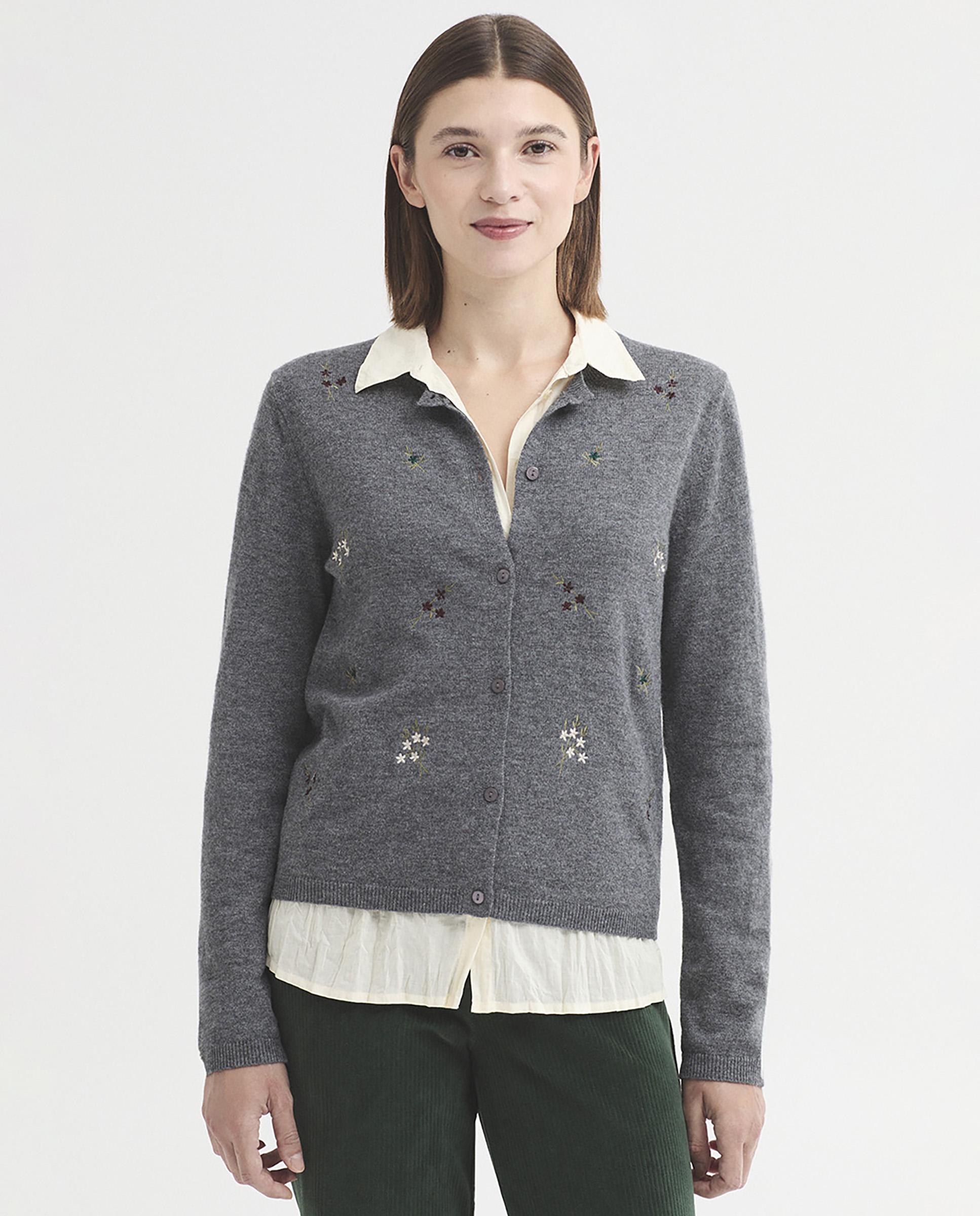 Cárdigan de mujer de punto con bordados de flores - Nice Things - Gris Gris-1