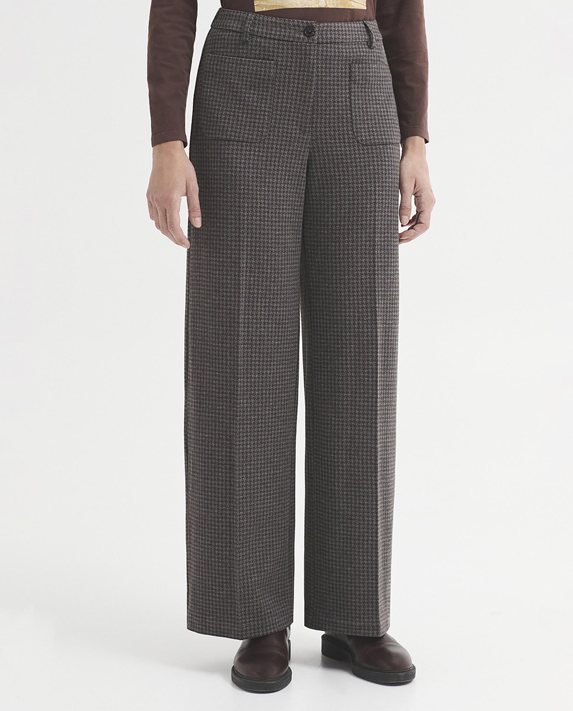 Imagen 0 de Pantalones rectos de mujer con jacquard pata de gallo y cinturilla con trabillas Gris