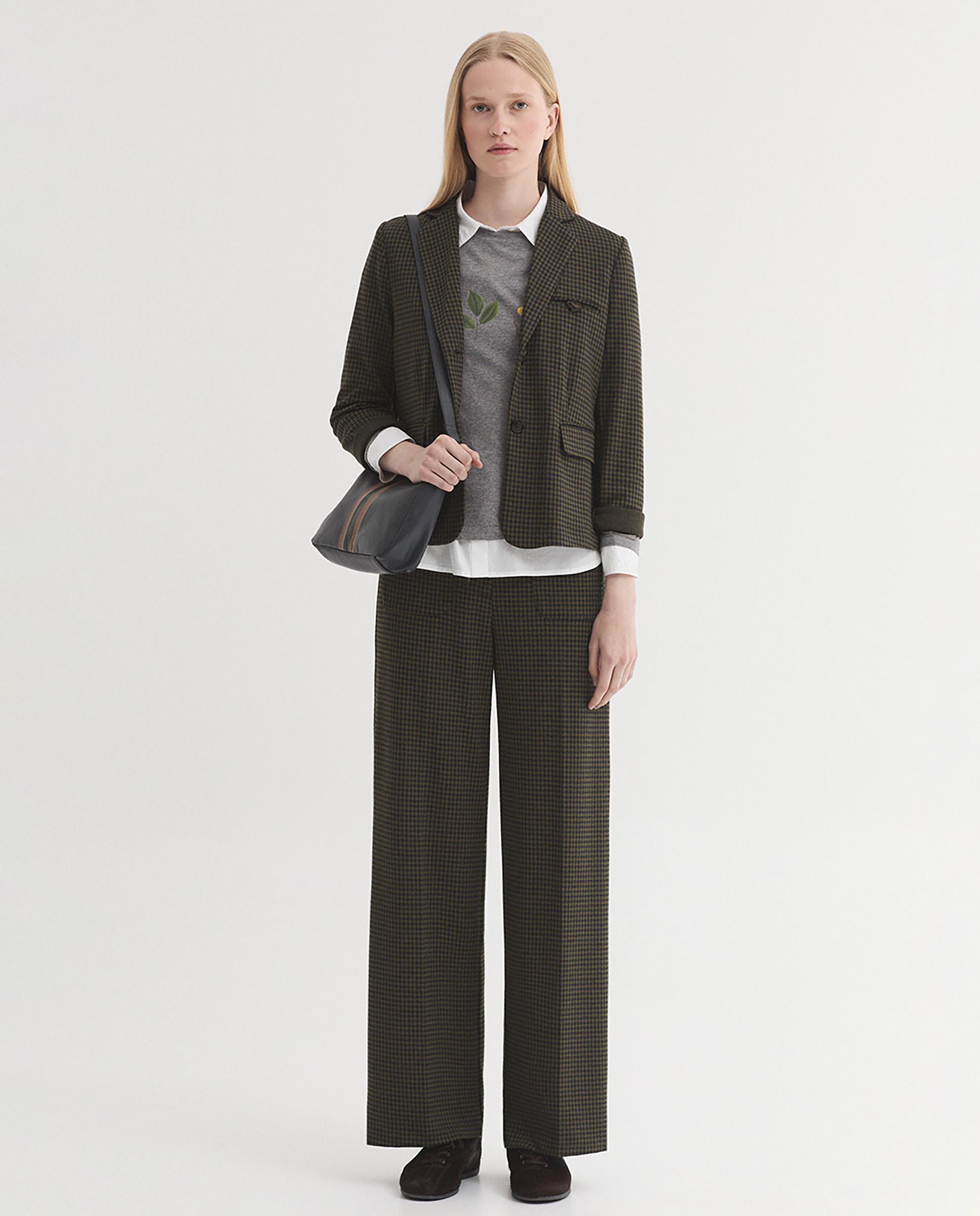 Pantalones rectos de mujer jacquard pata de gallo - Nice Things - Kaki Kaki-5