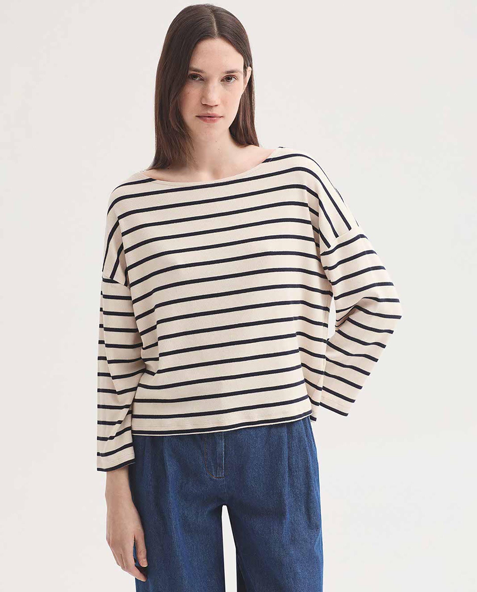 Camiseta de mujer de rayas y cuello barco - Nice Things - Crudo Crudo-1