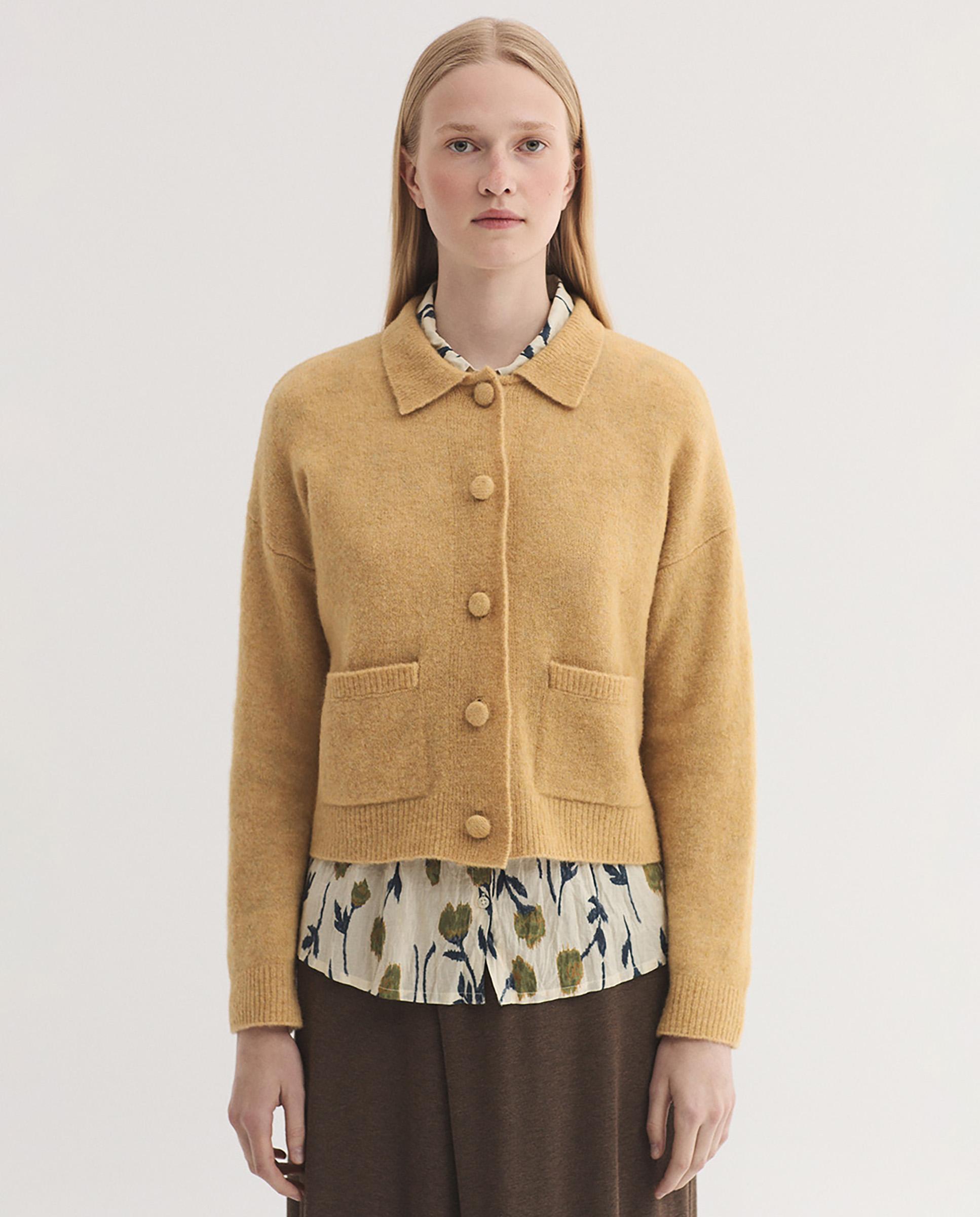 Jersey de punto de mujer con cuello camisero y bolsillos - Nice Things - Amarillo Amarillo-1