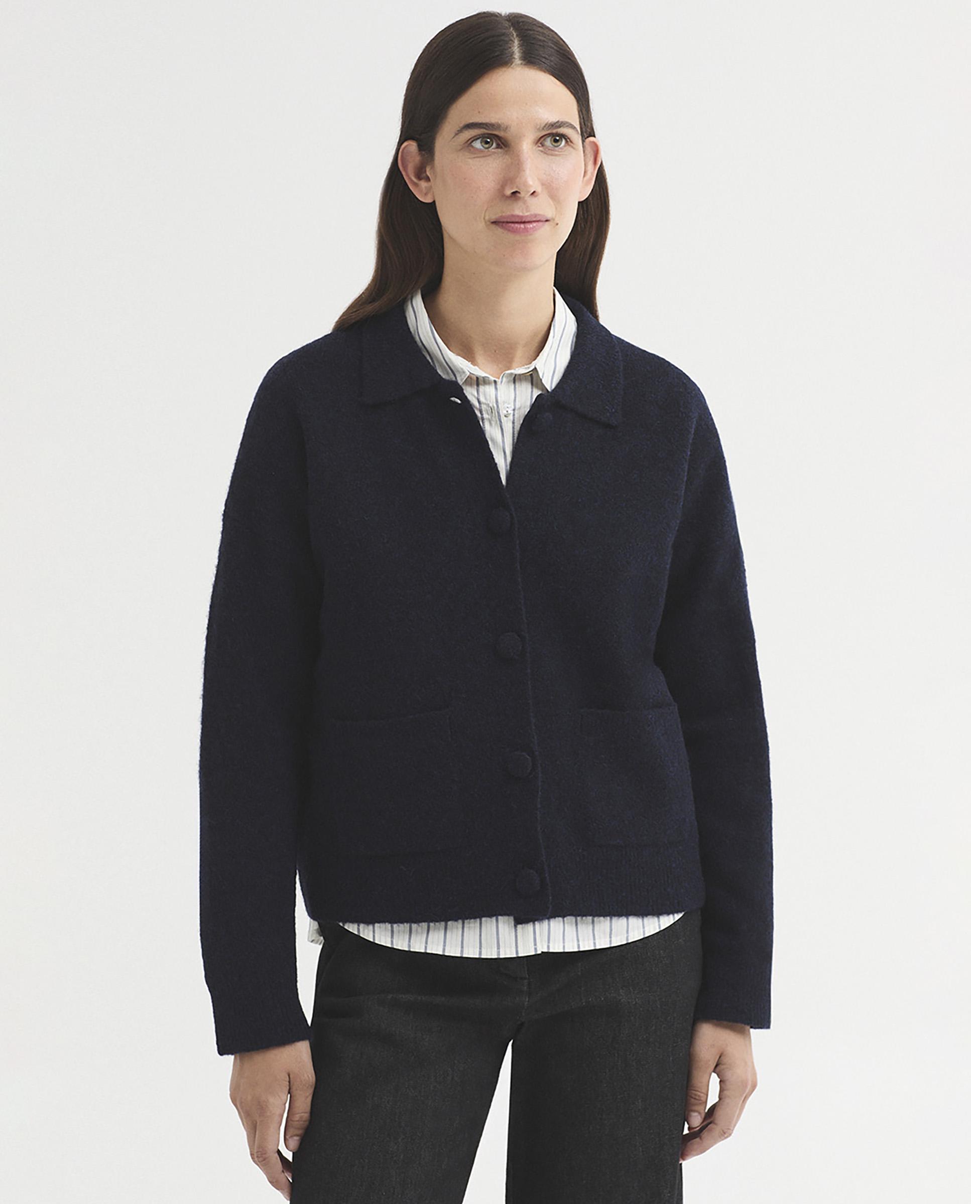 Cárdigan de mujer de punto en lana con cuello camisero - Nice Things - Azul marino Azul marino-1
