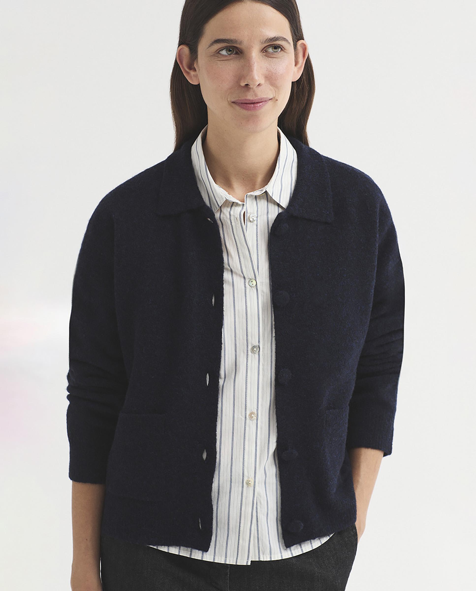 Cárdigan de mujer de punto en lana con cuello camisero - Nice Things - Azul marino Azul marino-2