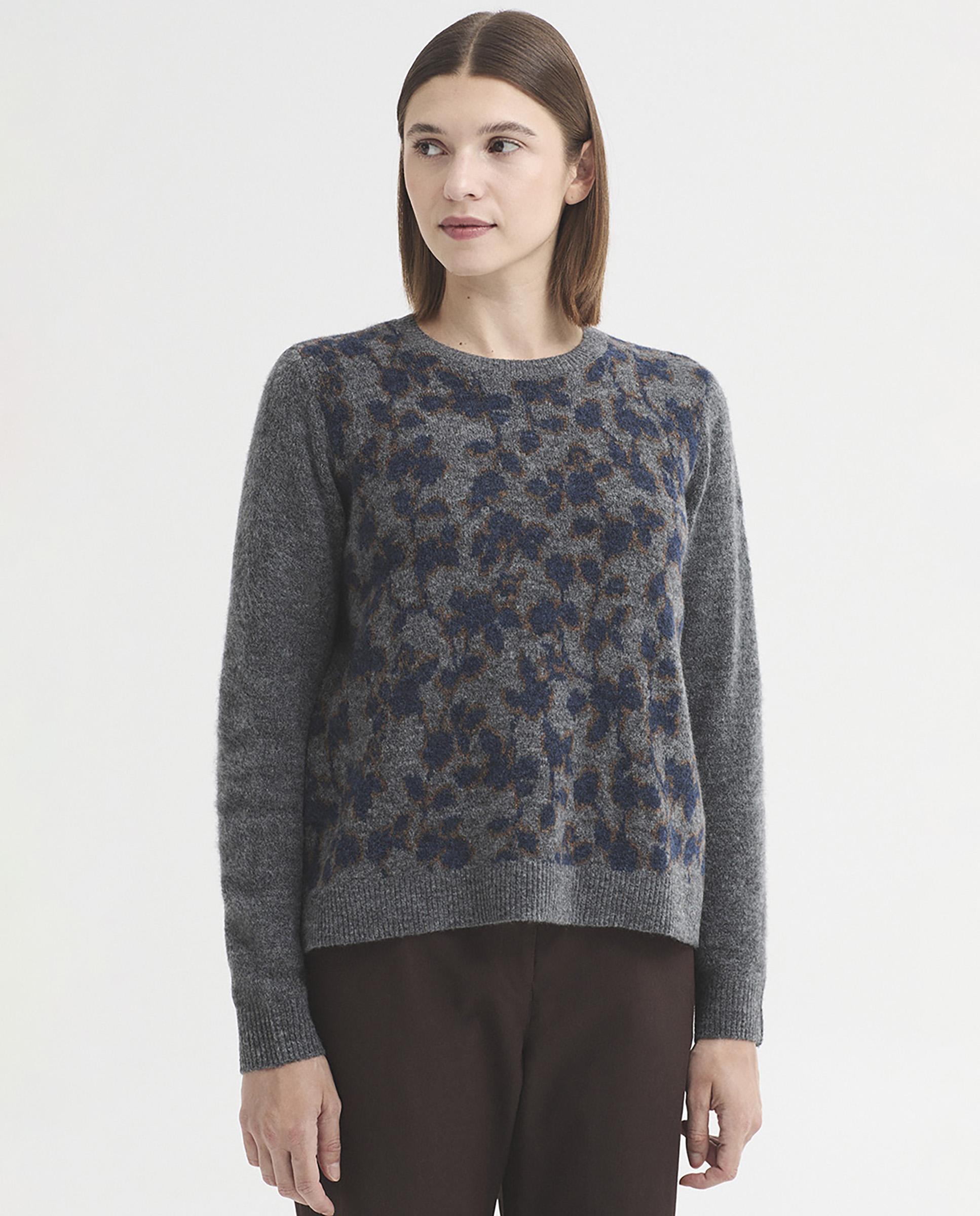 Jersey de mujer con jacquard de flores y cuello redondo - Nice Things - Gris Gris-1