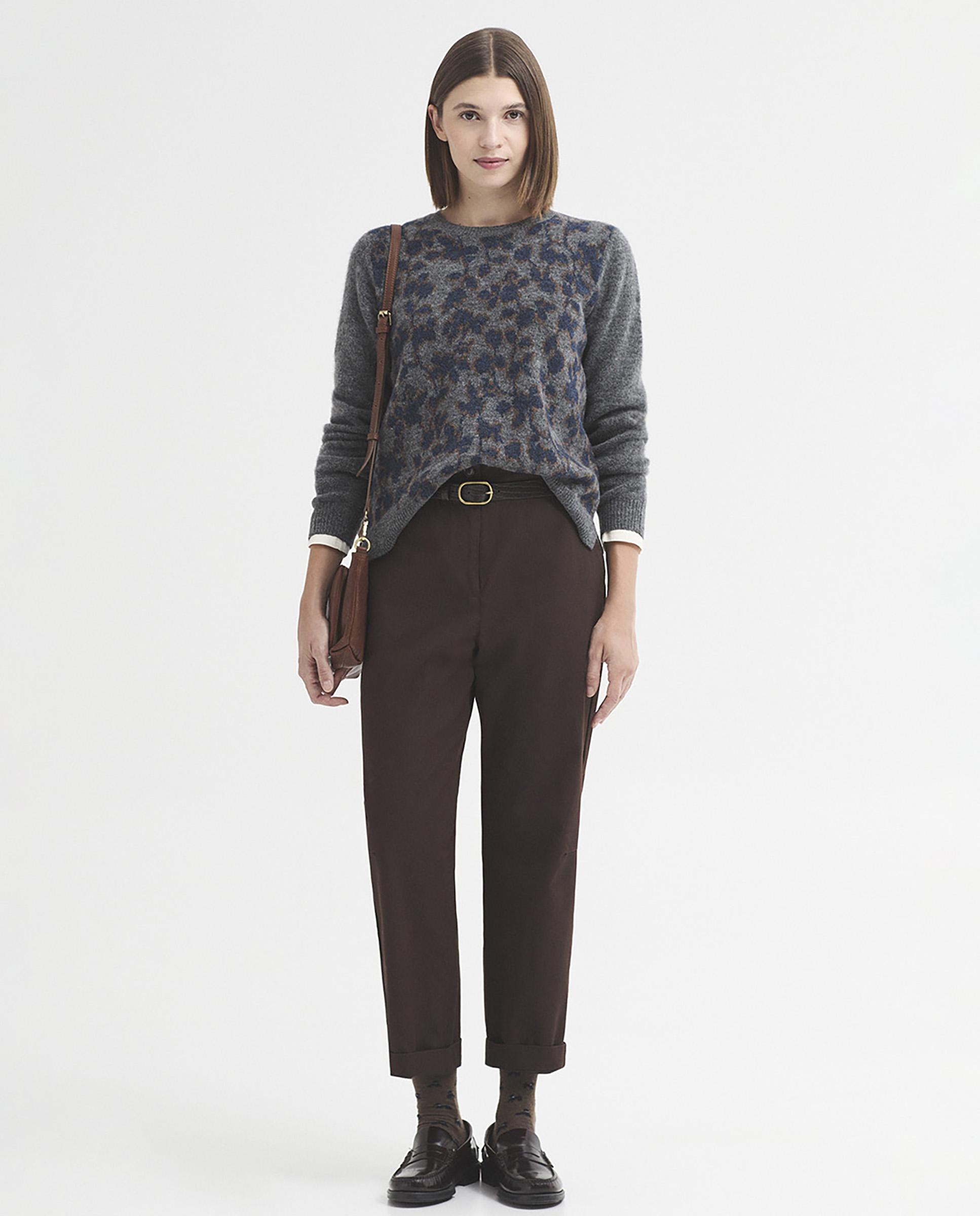 Jersey de mujer con jacquard de flores y cuello redondo - Nice Things - Gris Gris-5
