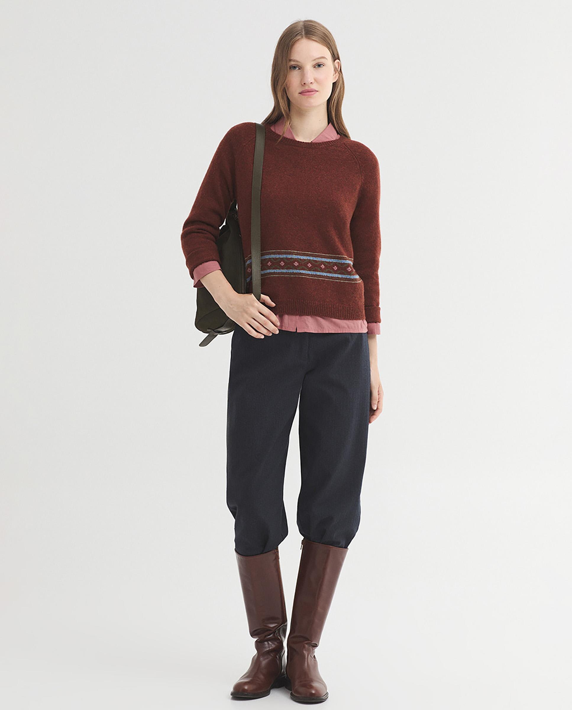 Jersey de mujer con cuello redondo y detalles de greca - Nice Things - Marrón Marrón-5