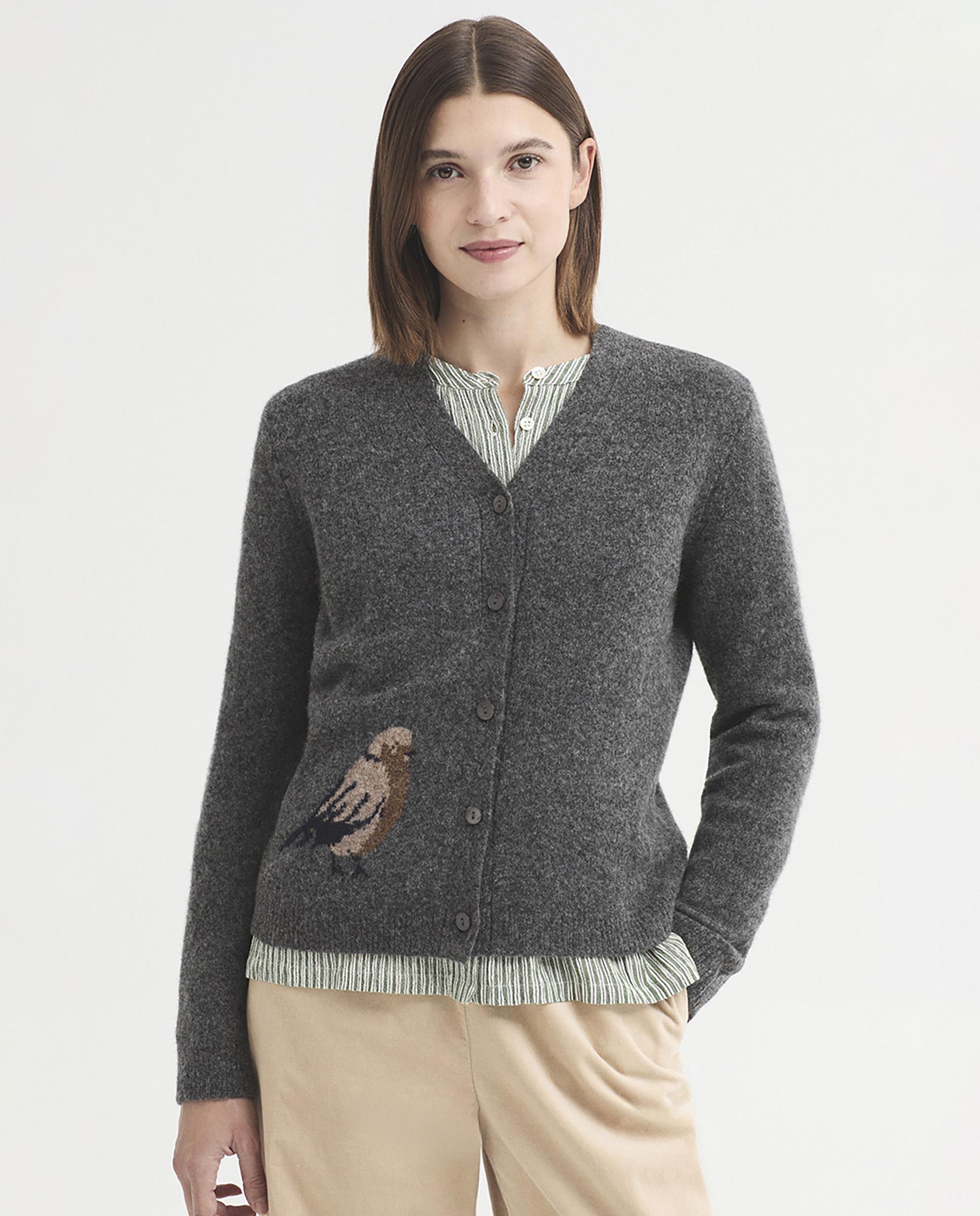 Cárdigan de mujer de punto con cuello de pico y manga larga - Nice Things - Gris Gris-1