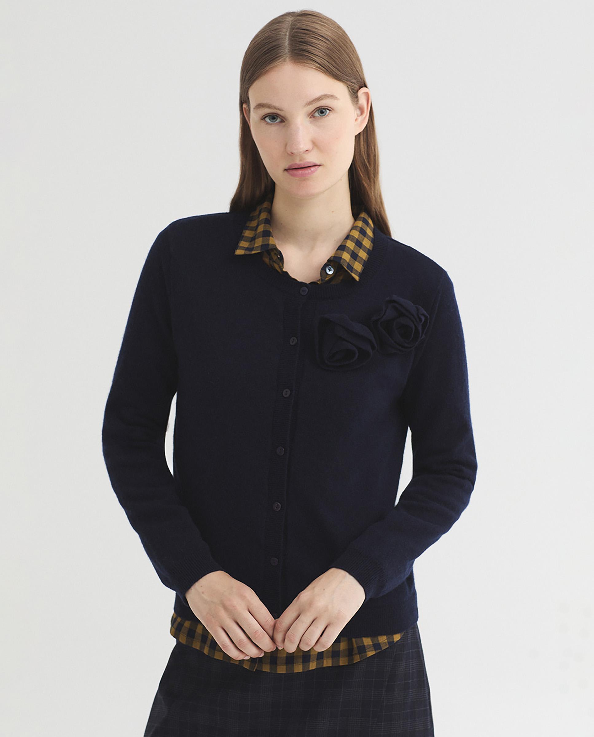 Jersey de punto de mujer con detalle de flores y cuello redondo - Nice Things - Azul marino Azul marino-1