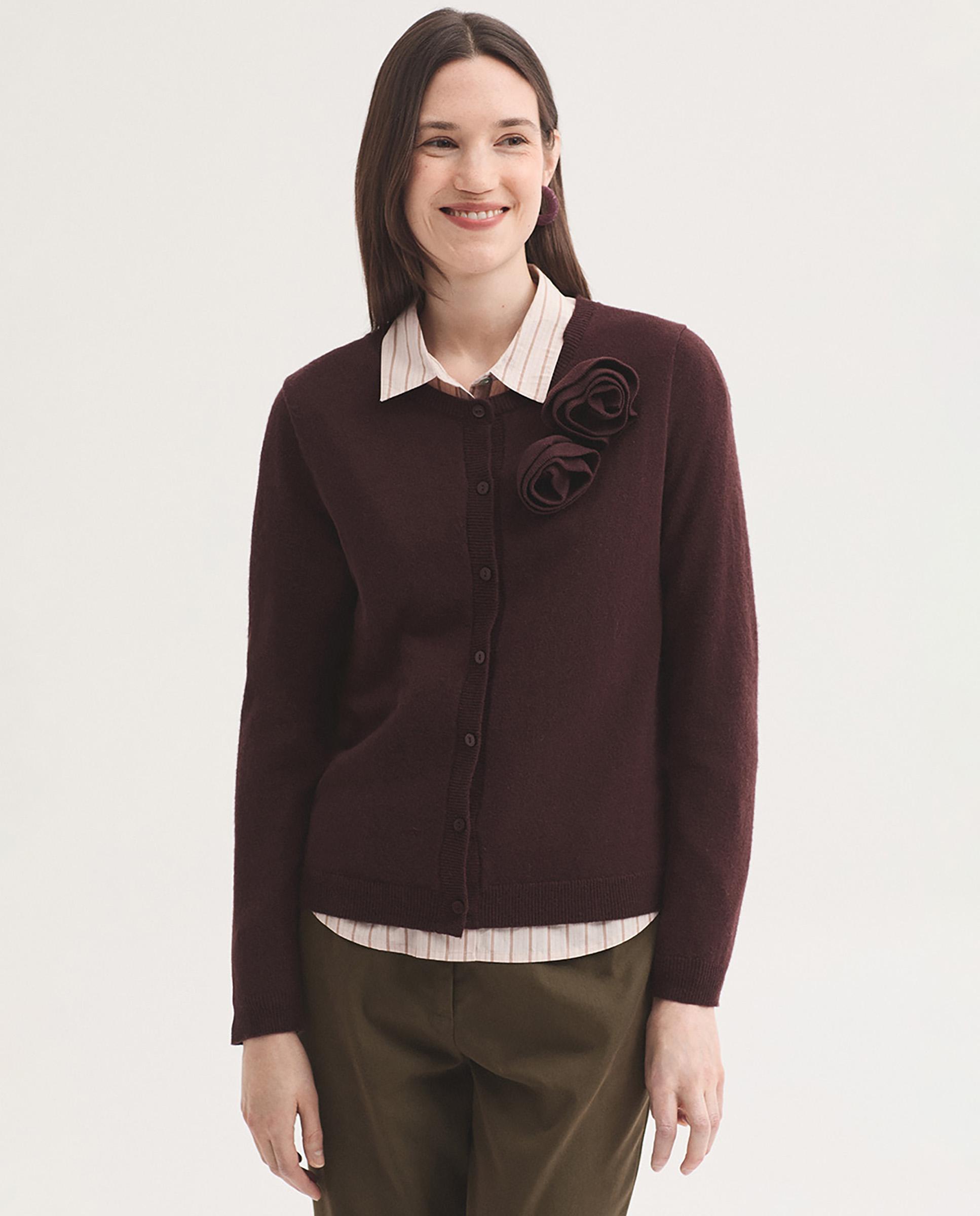 Jersey de punto de mujer con detalle de flores y cuello redondo - Nice Things - Burdeos Burdeos-1