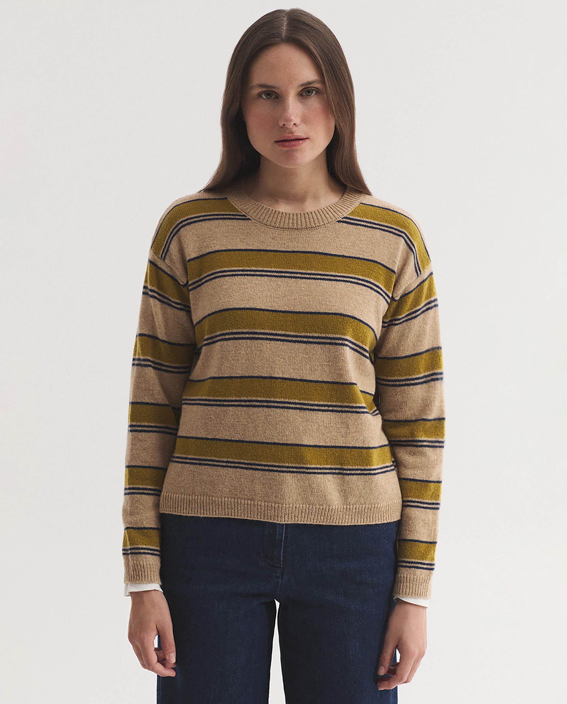 Jersy de mujer de rayas con cuello redondo - Nice Things - Beige Beige-1