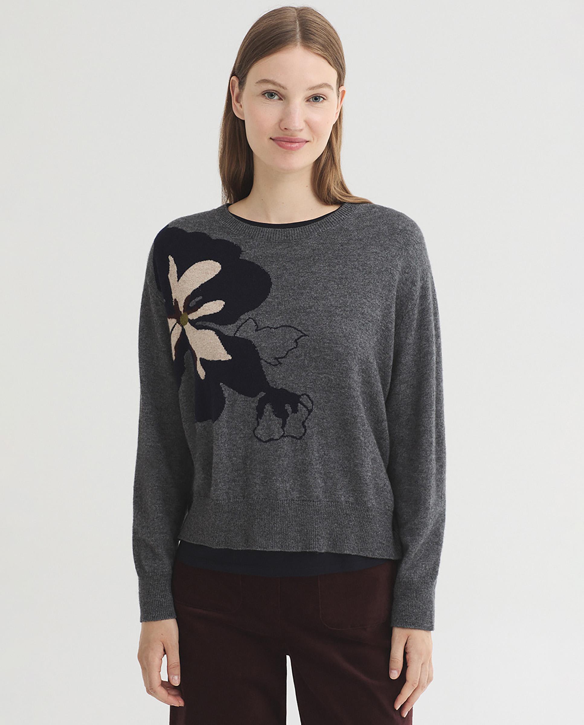 Jersey de mujer ancho con intarsia de flor - Nice Things - Gris Gris-1