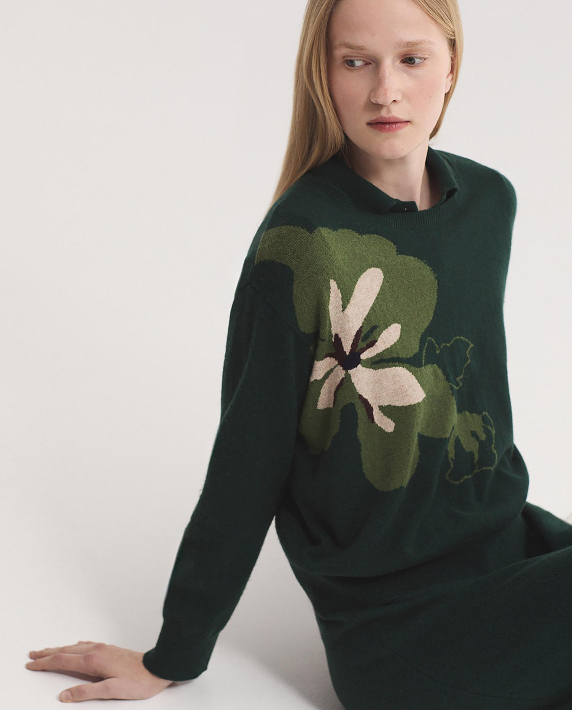 Jersey de mujer ancho con intarsia de flor - Nice Things - Verde Verde-5