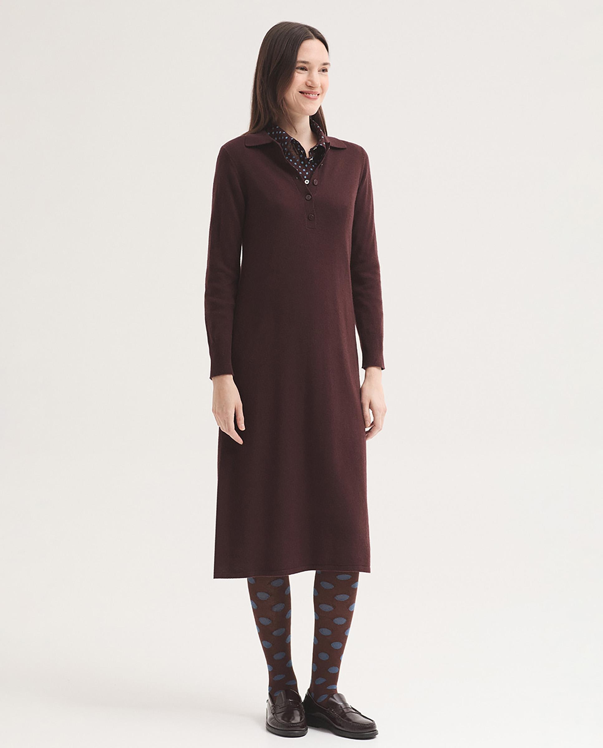 Vestido corto liso con cuello con botones - Nice Things - Burdeos Burdeos-1