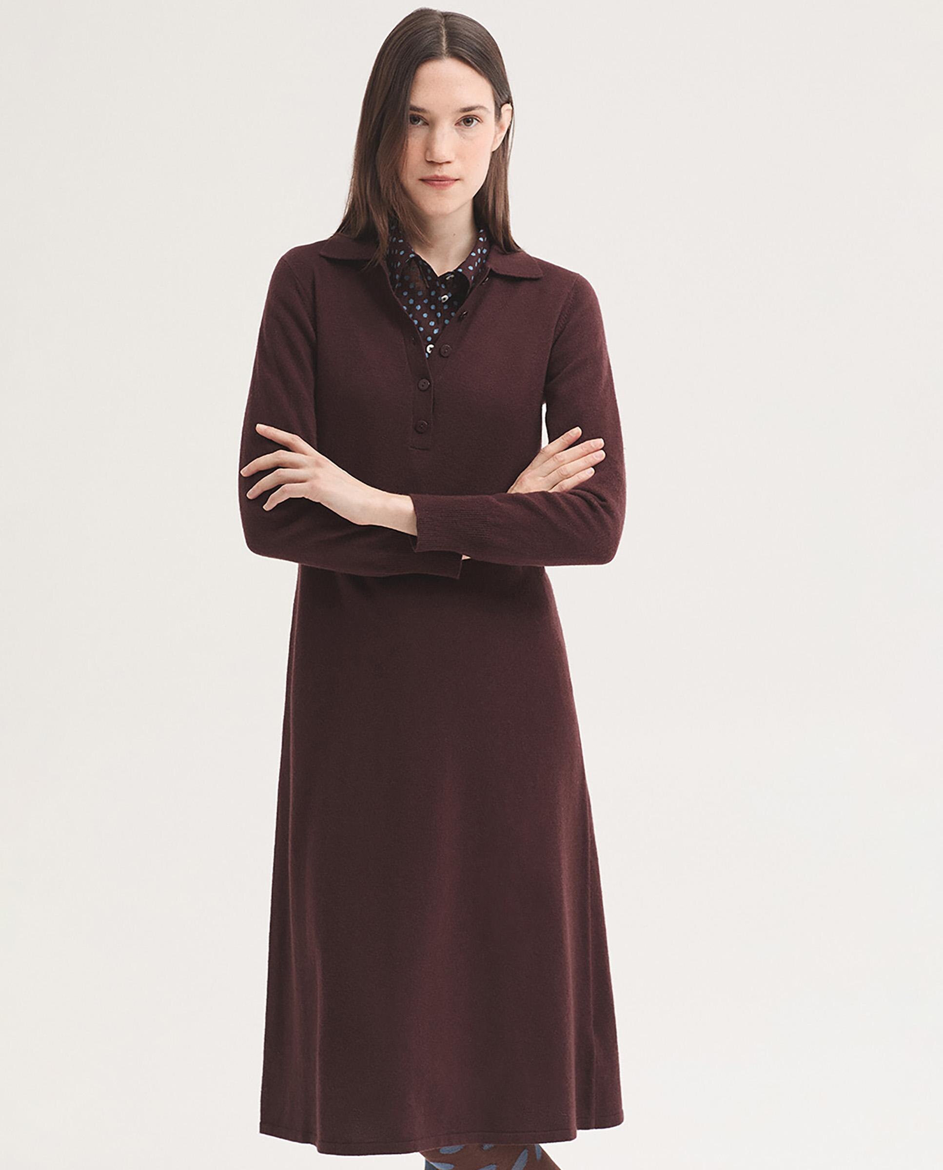 Vestido corto liso con cuello con botones - Nice Things - Burdeos Burdeos-5