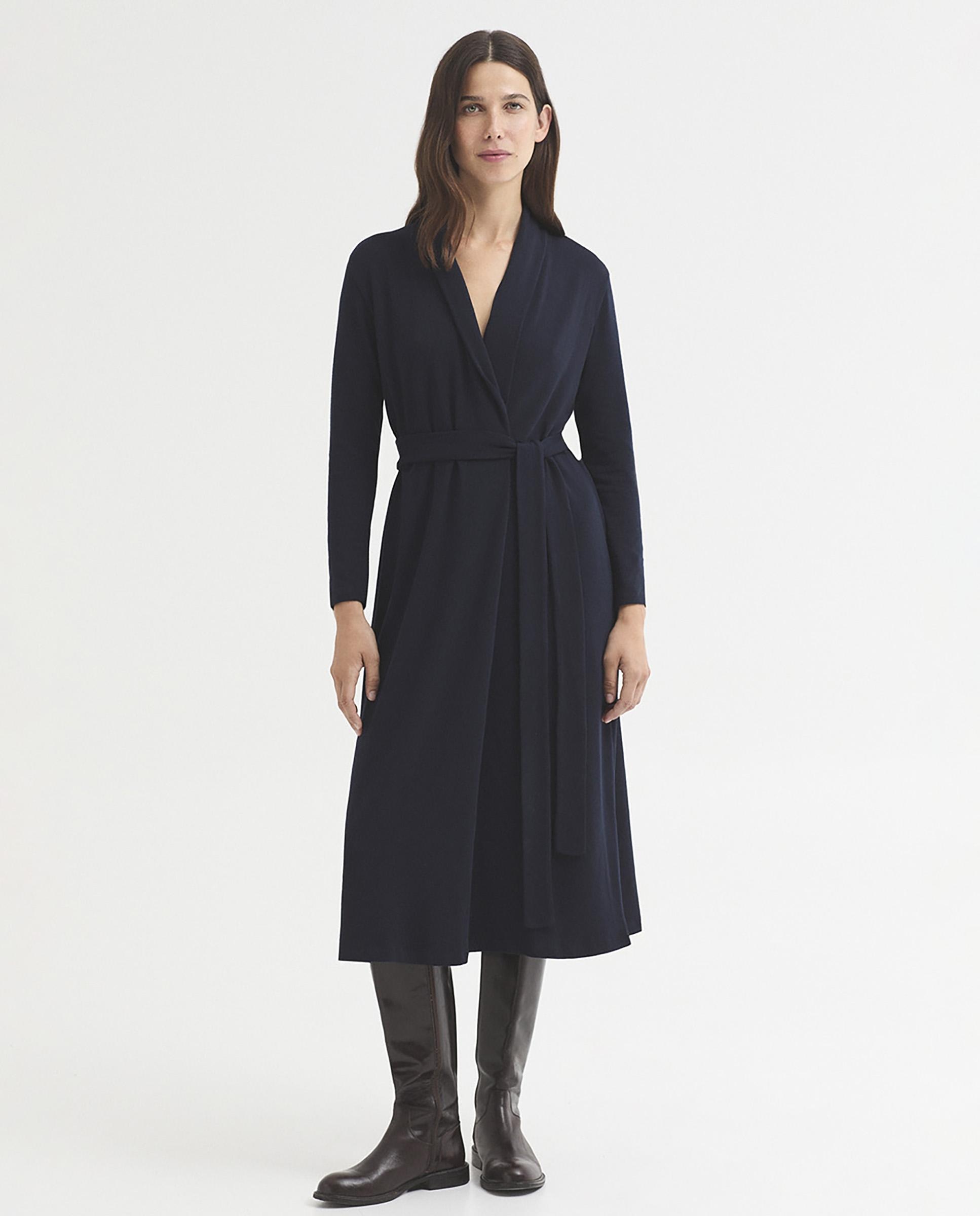 Vestido midi con cinturón y escote de pico - Nice Things - Azul marino Azul marino-1