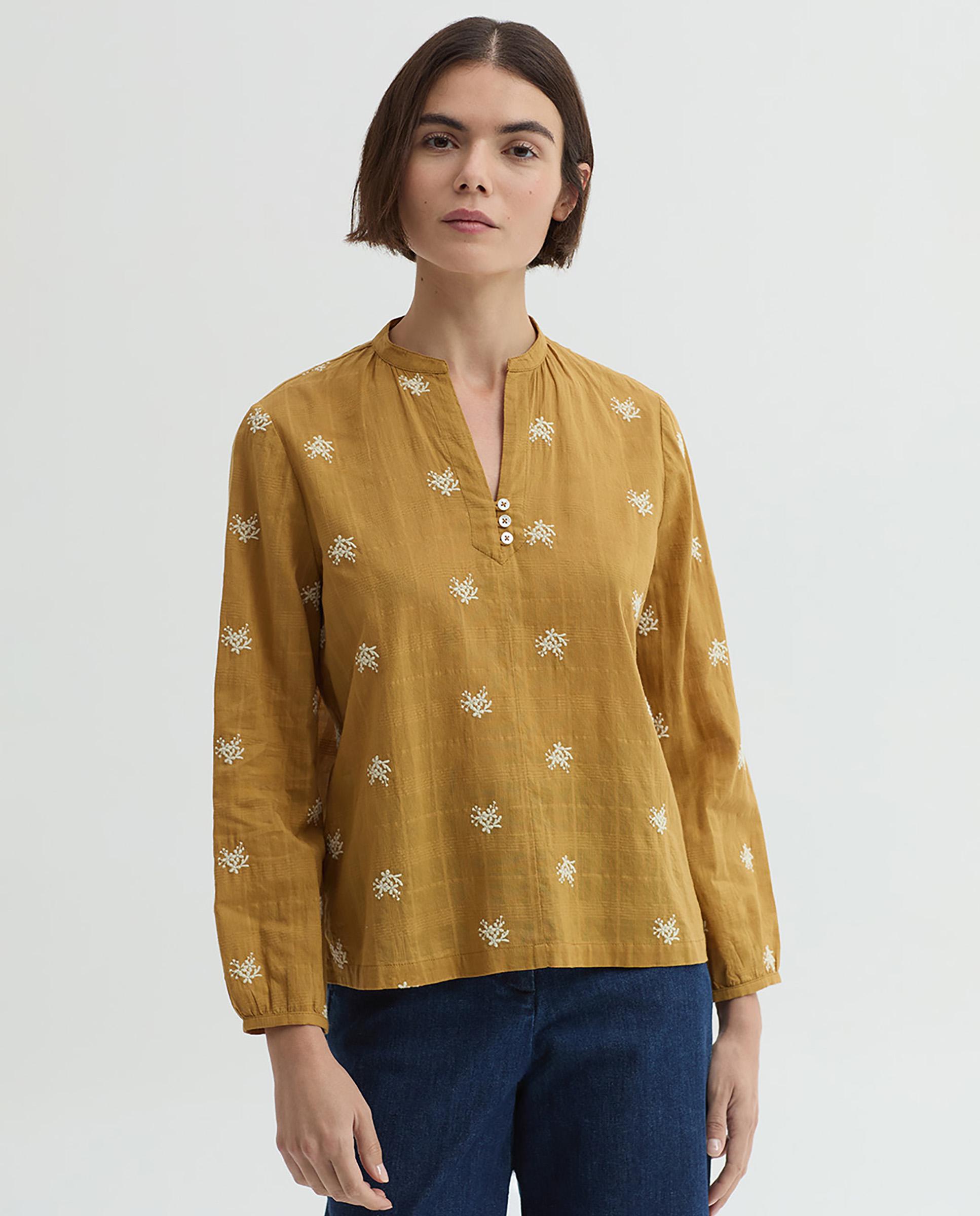 Imagen 1 de Blusa de mujer 100% algodón con flores bordadas Mostaza