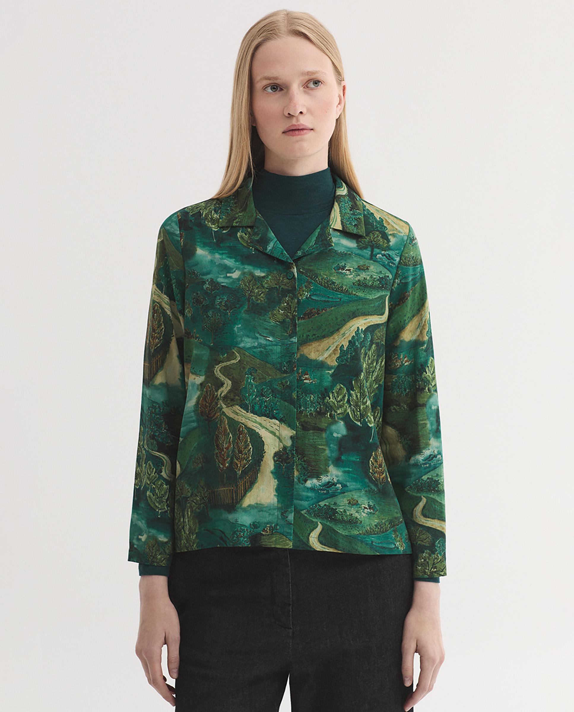 Blusa de mujer estampada con cuello con solapa - Nice Things - Verde Verde-1