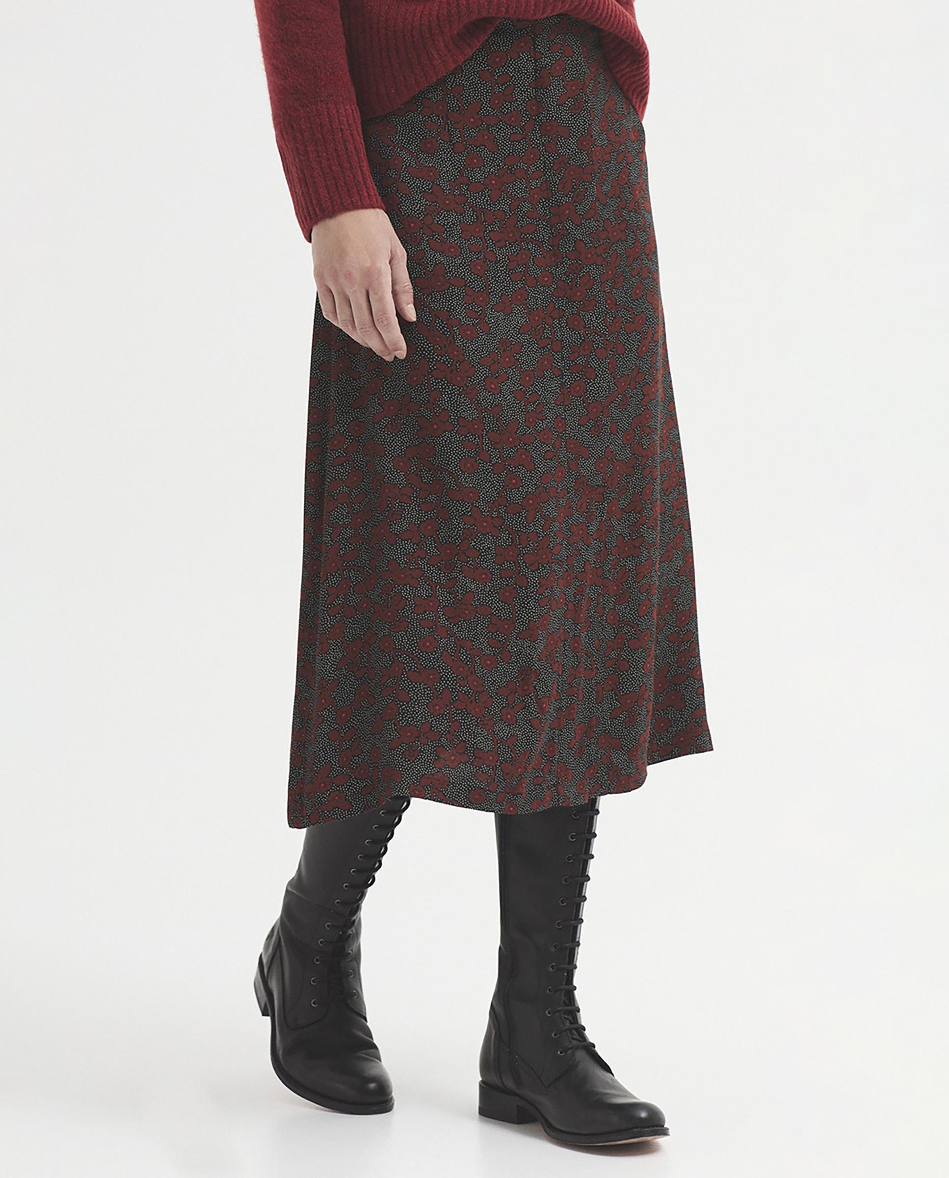 Falda midi de mujer en crepé con estampado de flores - Nice Things - Negro Negro-2