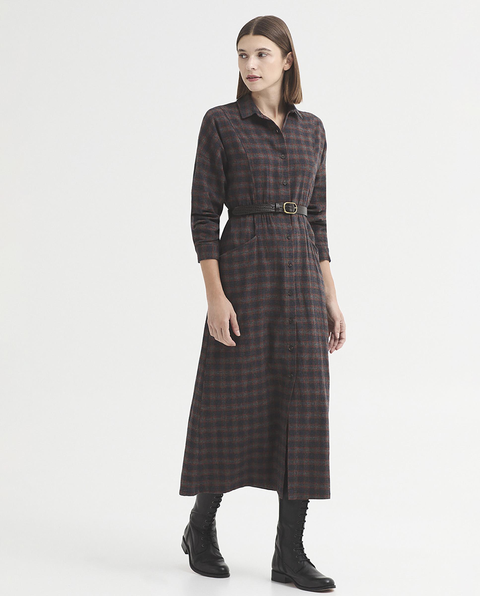 Vestido midi 100% algodón de cuadros - Nice Things - Gris Gris-5