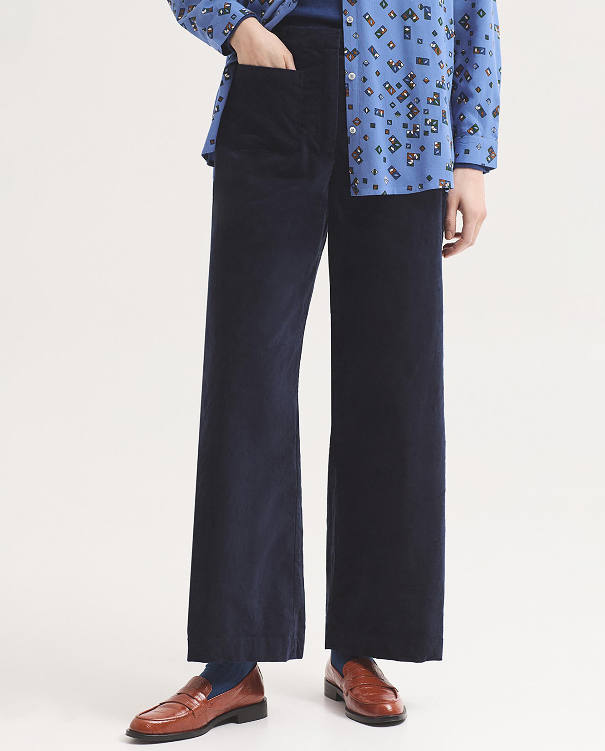 Pantalones anchos de mujer de pana lisa con bolsillos - Nice Things - Azul marino Azul marino-1