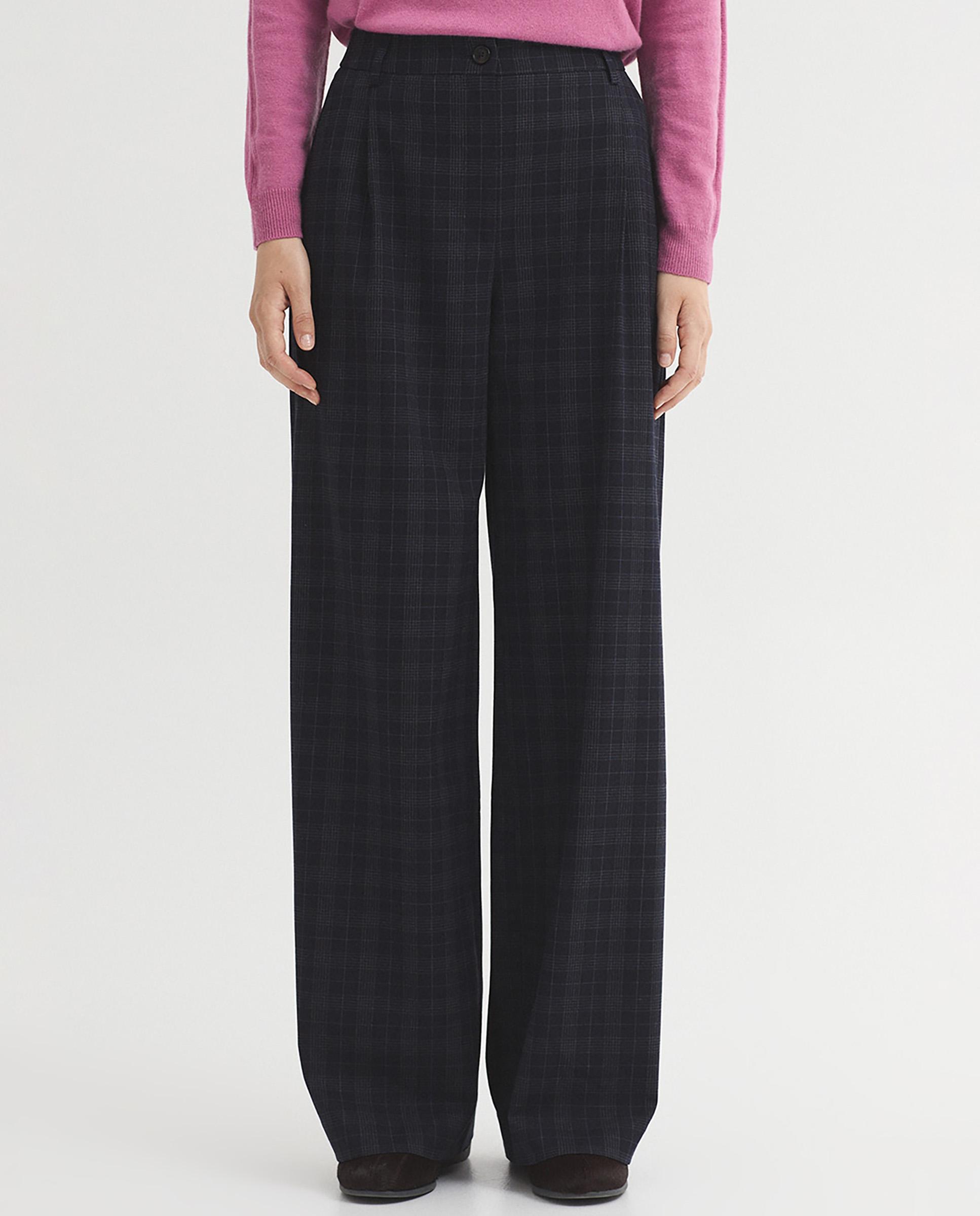 Pantalones anchos de mujer con pinzas de cuadros - Nice Things - Azul marino Azul marino-1