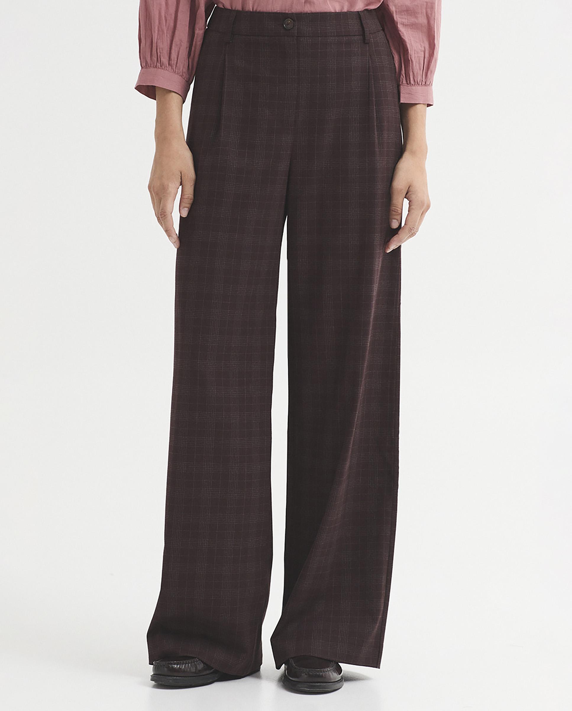 Pantalones anchos de mujer con pinzas de cuadros - Nice Things - Burdeos Burdeos-1
