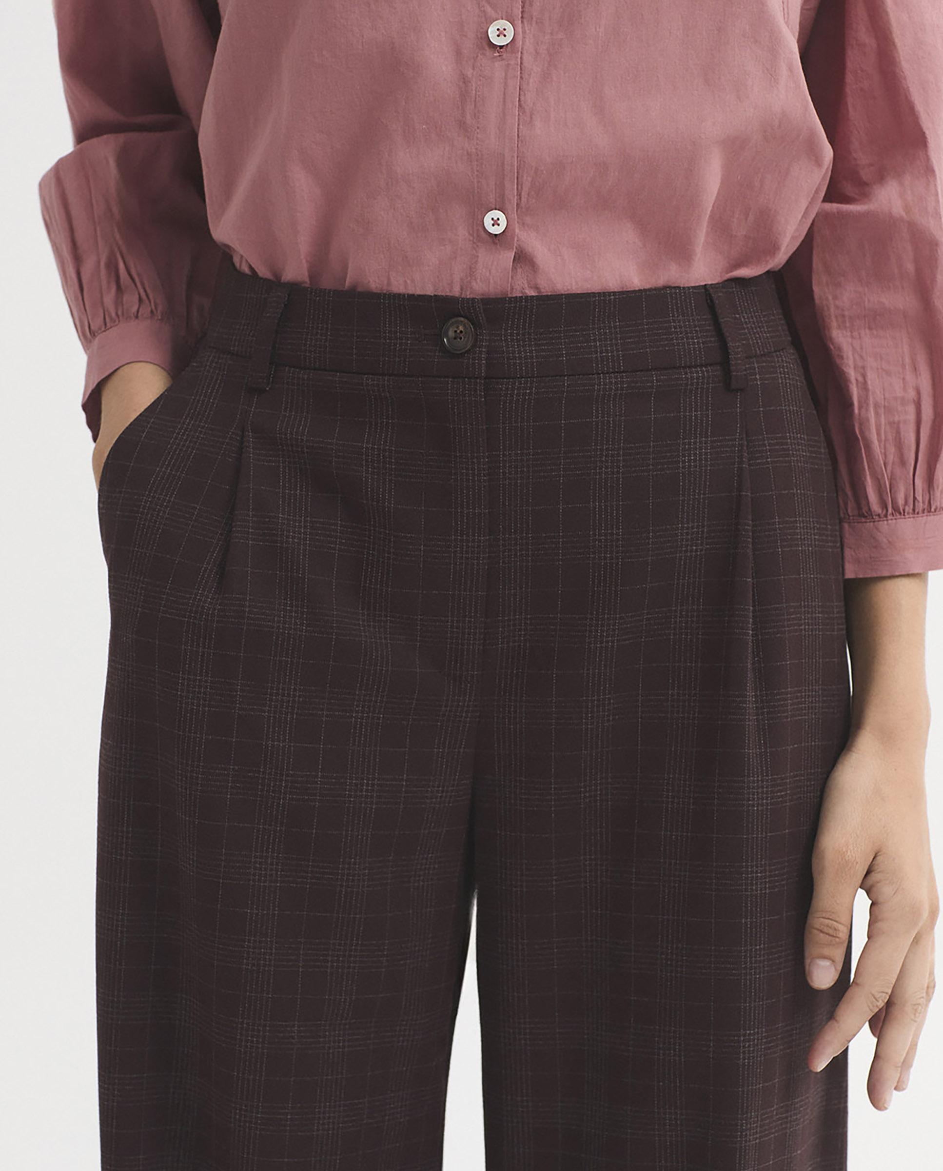 Pantalones anchos de mujer con pinzas de cuadros - Nice Things - Burdeos Burdeos-2