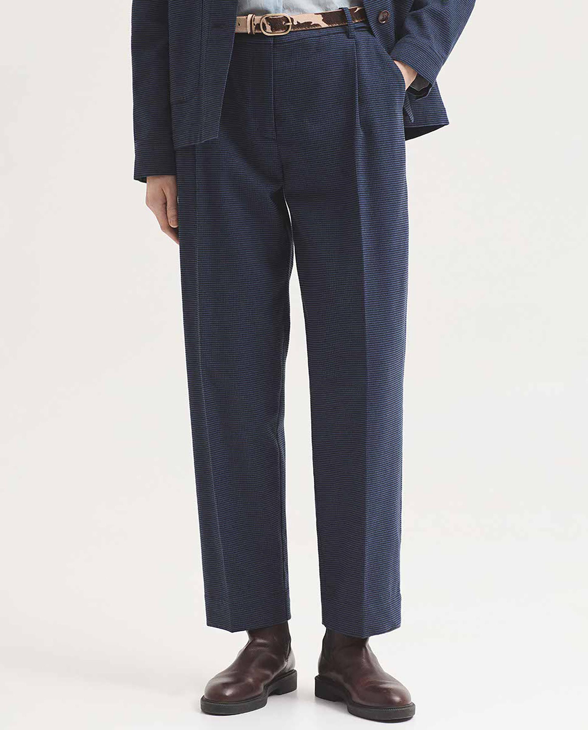 Pantalones rectos de mujer con pata de gallo y cierre de cremallera - Nice Things - Azul marino Azul marino-5