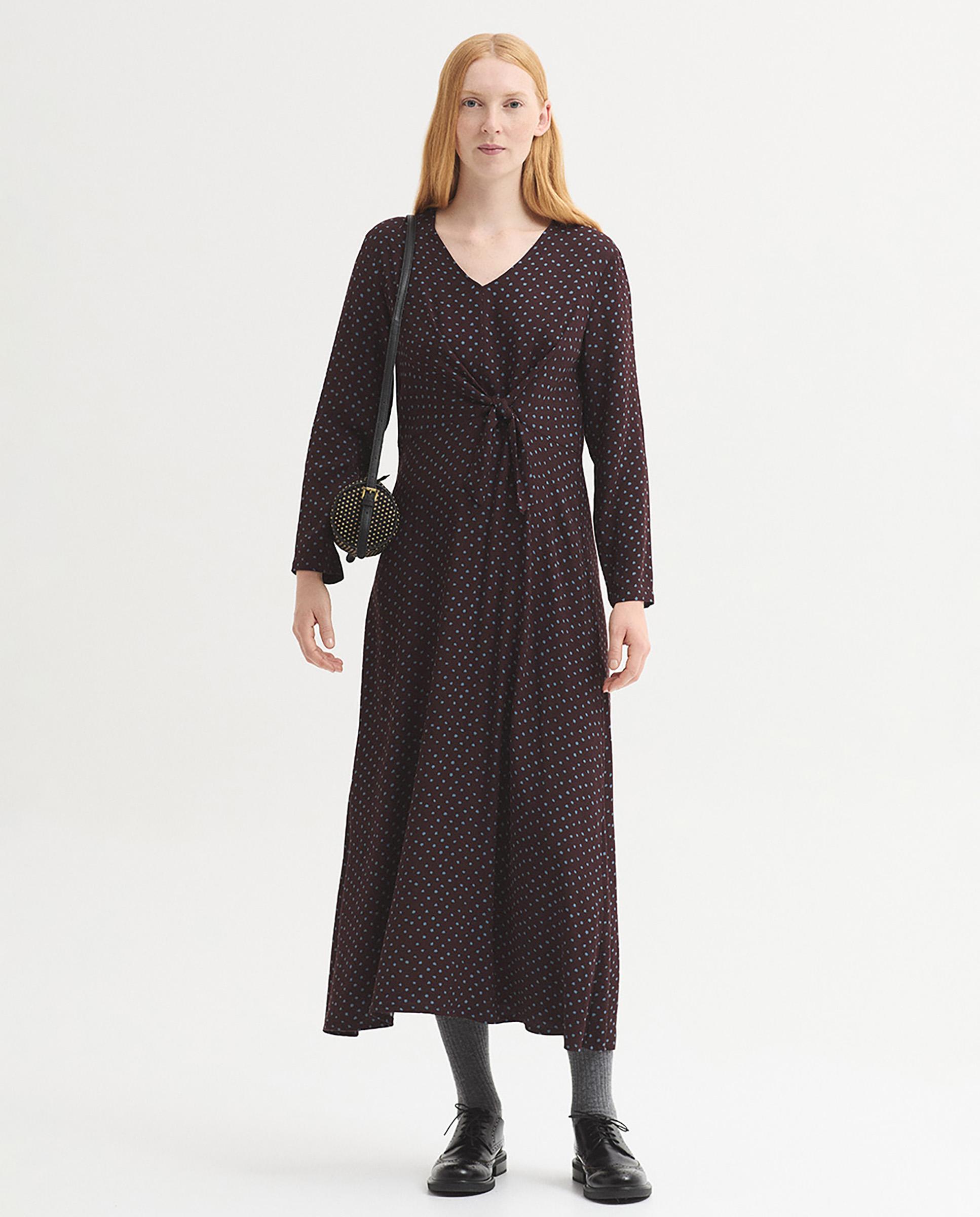 Imagen 6 de Vestido midi con escote de pico con lunares - Nice Things - Burdeos Burdeos