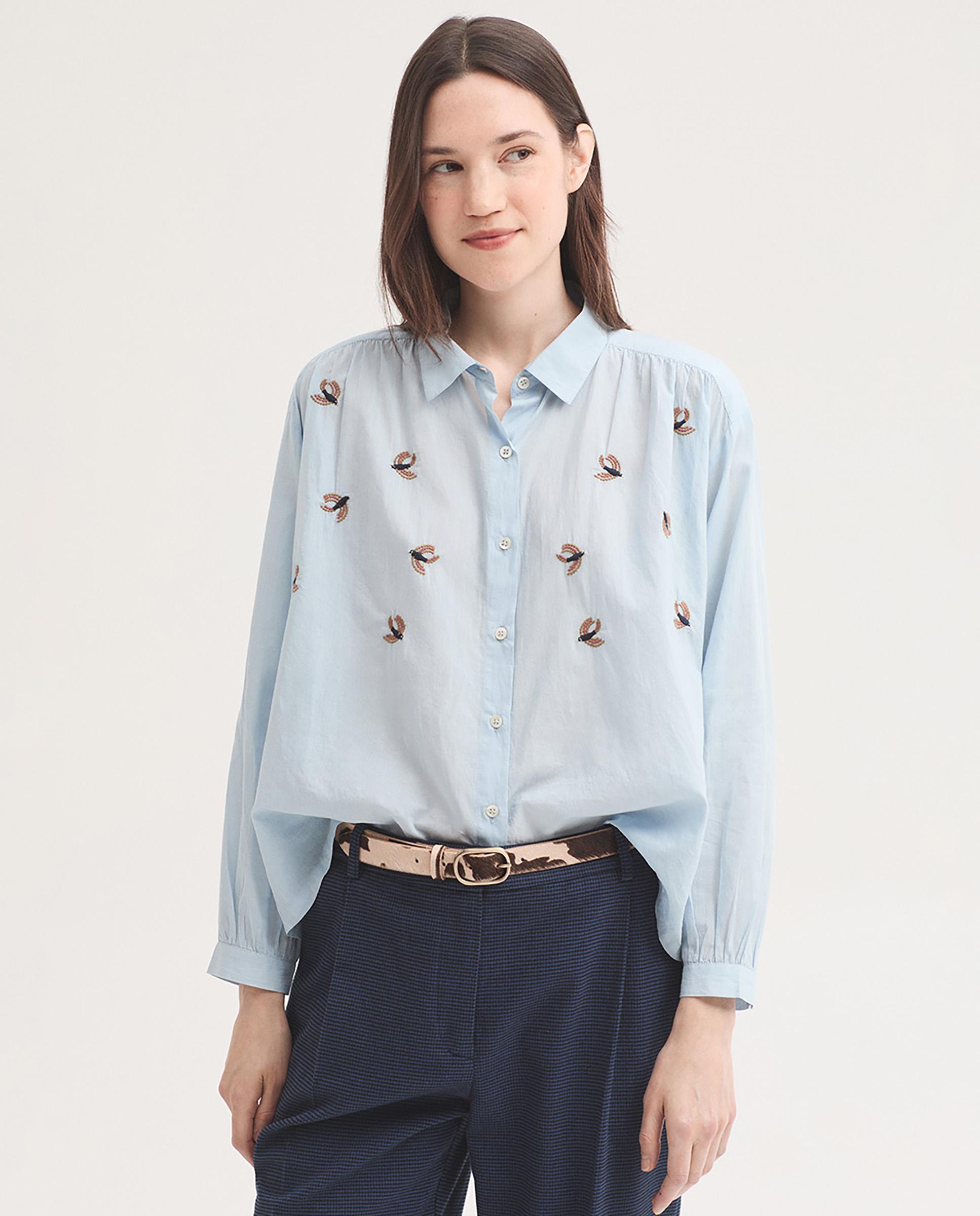 Camisa de mujer 100% algodón con bordados de pájaros - Nice Things - Azul claro Azul claro-1