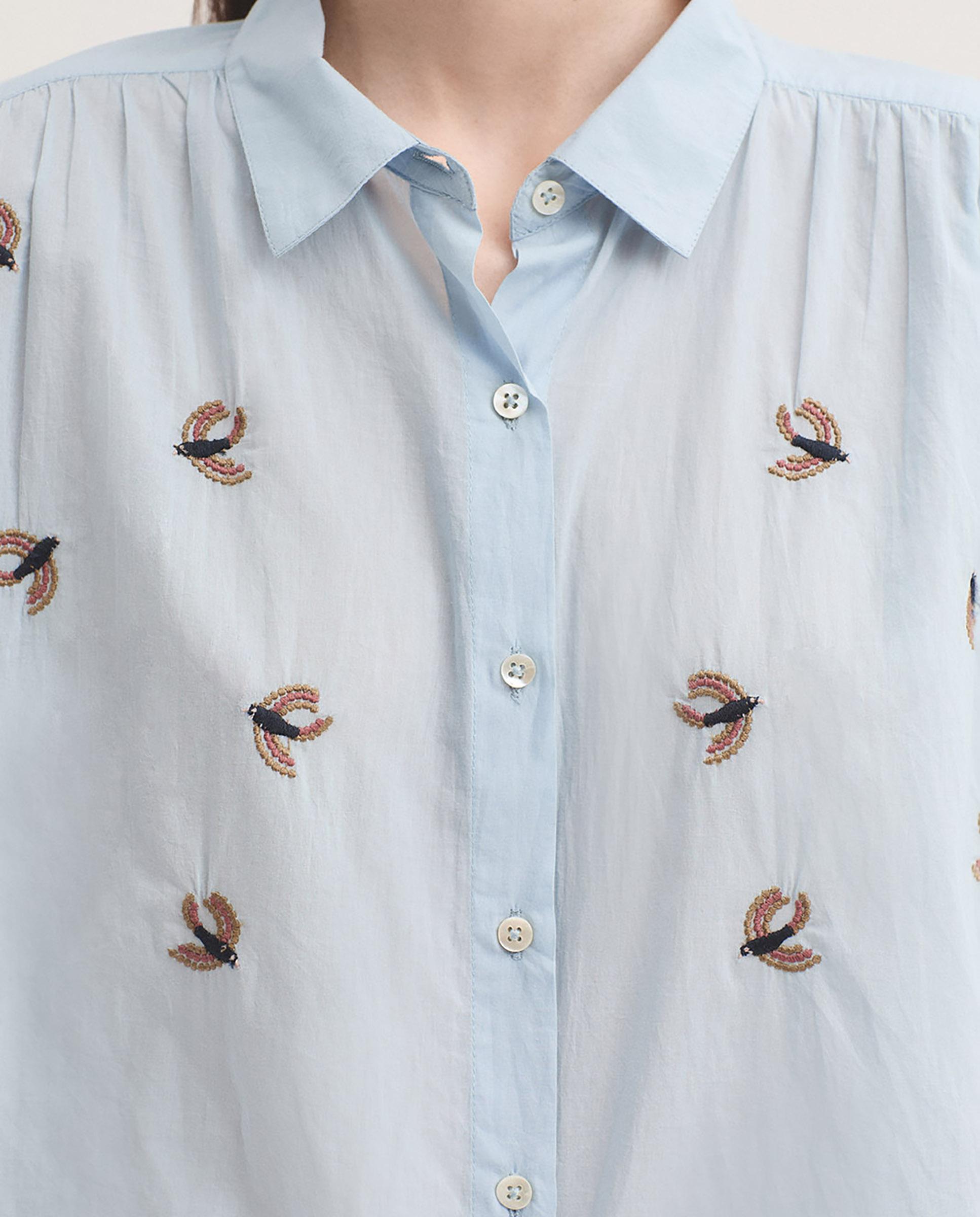Camisa de mujer 100% algodón con bordados de pájaros - Nice Things - Azul claro Azul claro-3
